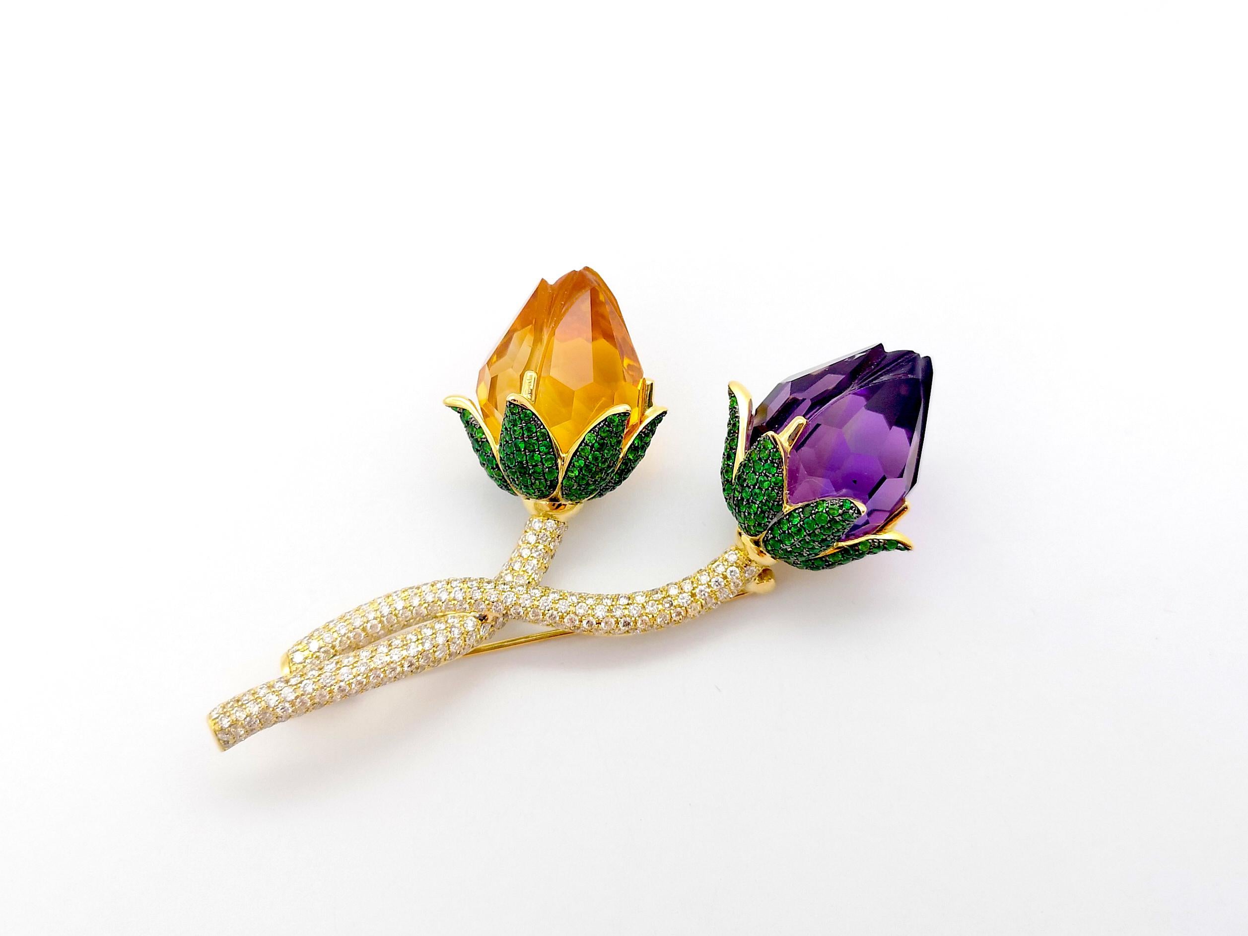 Contemporary Citrine, Amethyst, Tsavorite and Brown Diamon  Brooch set in 18K Gold Settings For Sale