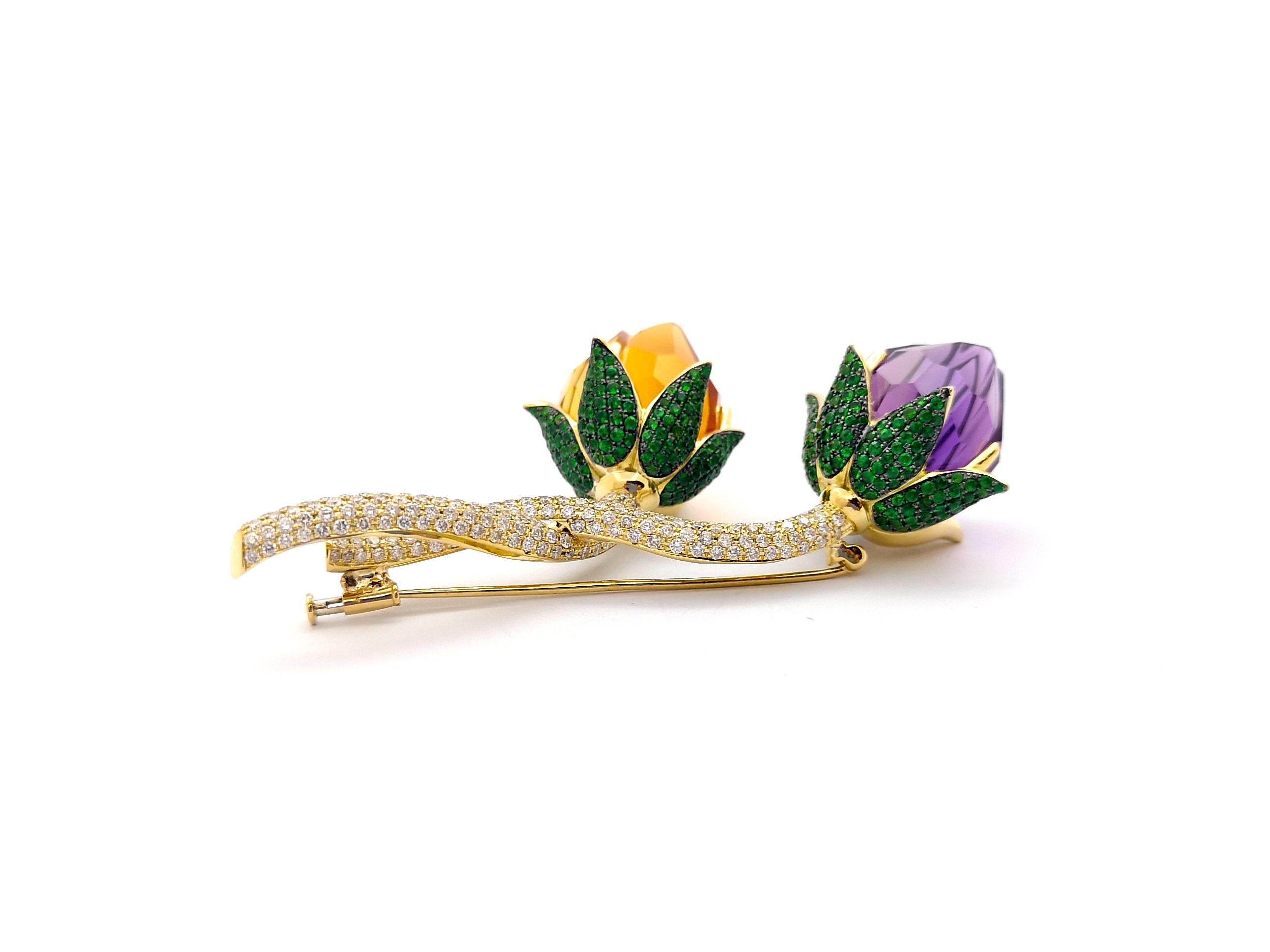 Mixed Cut Citrine, Amethyst, Tsavorite and Brown Diamon  Brooch set in 18K Gold Settings For Sale