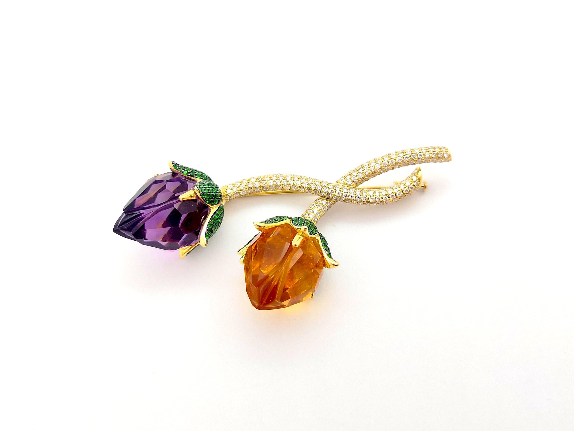 Citrine, Amethyst, Tsavorite and Brown Diamon  Brooch set in 18K Gold Settings In New Condition For Sale In Bangkok, TH
