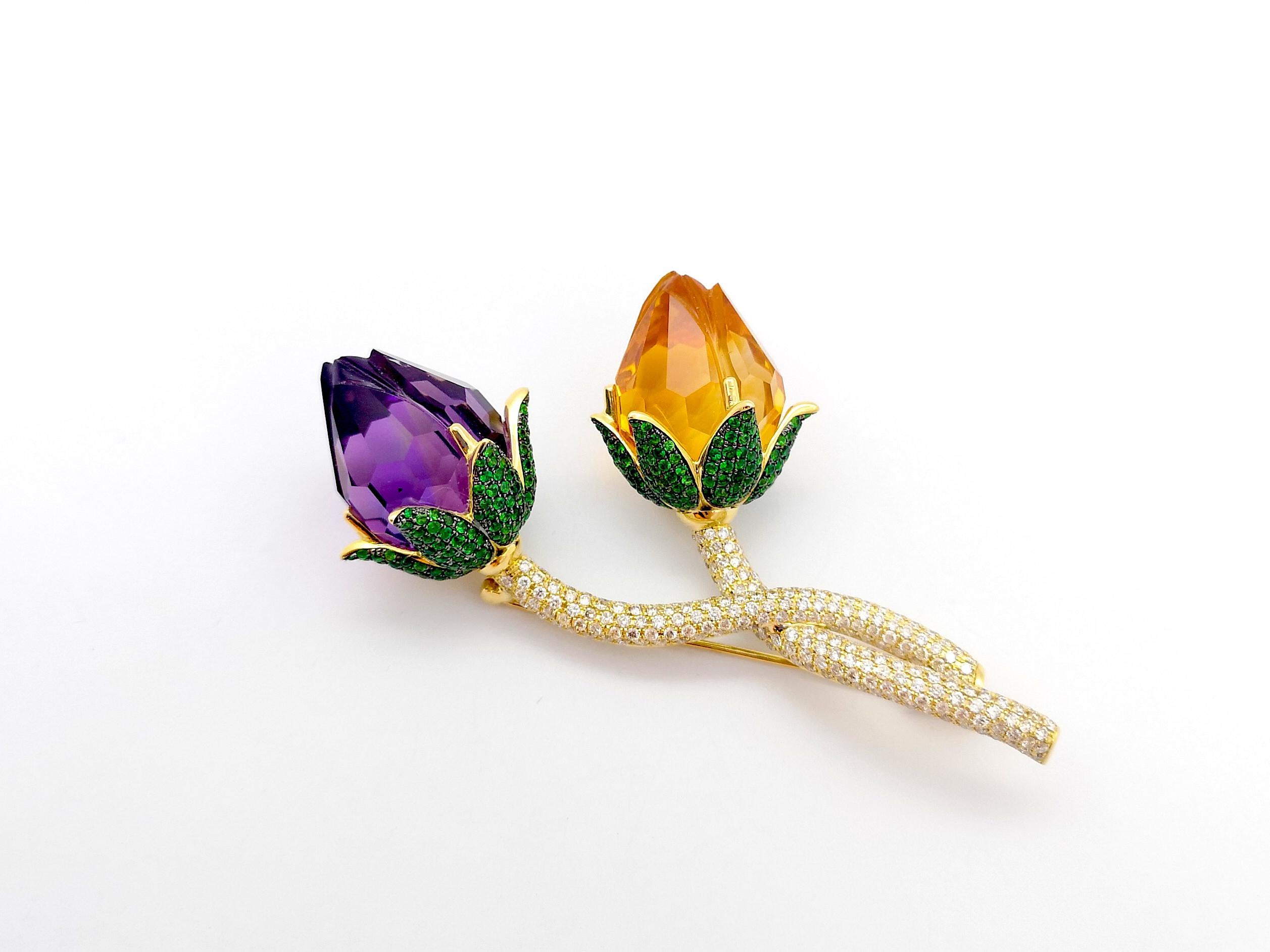 Citrine, Amethyst, Tsavorite and Brown Diamon  Brooch set in 18K Gold Settings For Sale 3