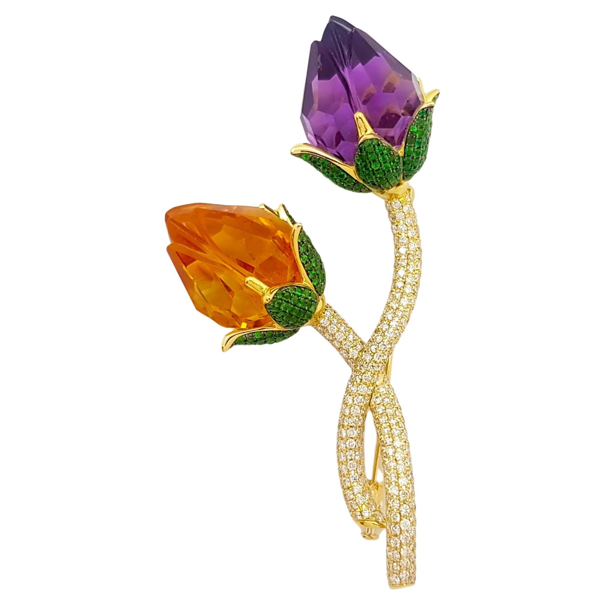 Citrine, Amethyst, Tsavorite and Brown Diamon  Brooch set in 18K Gold Settings