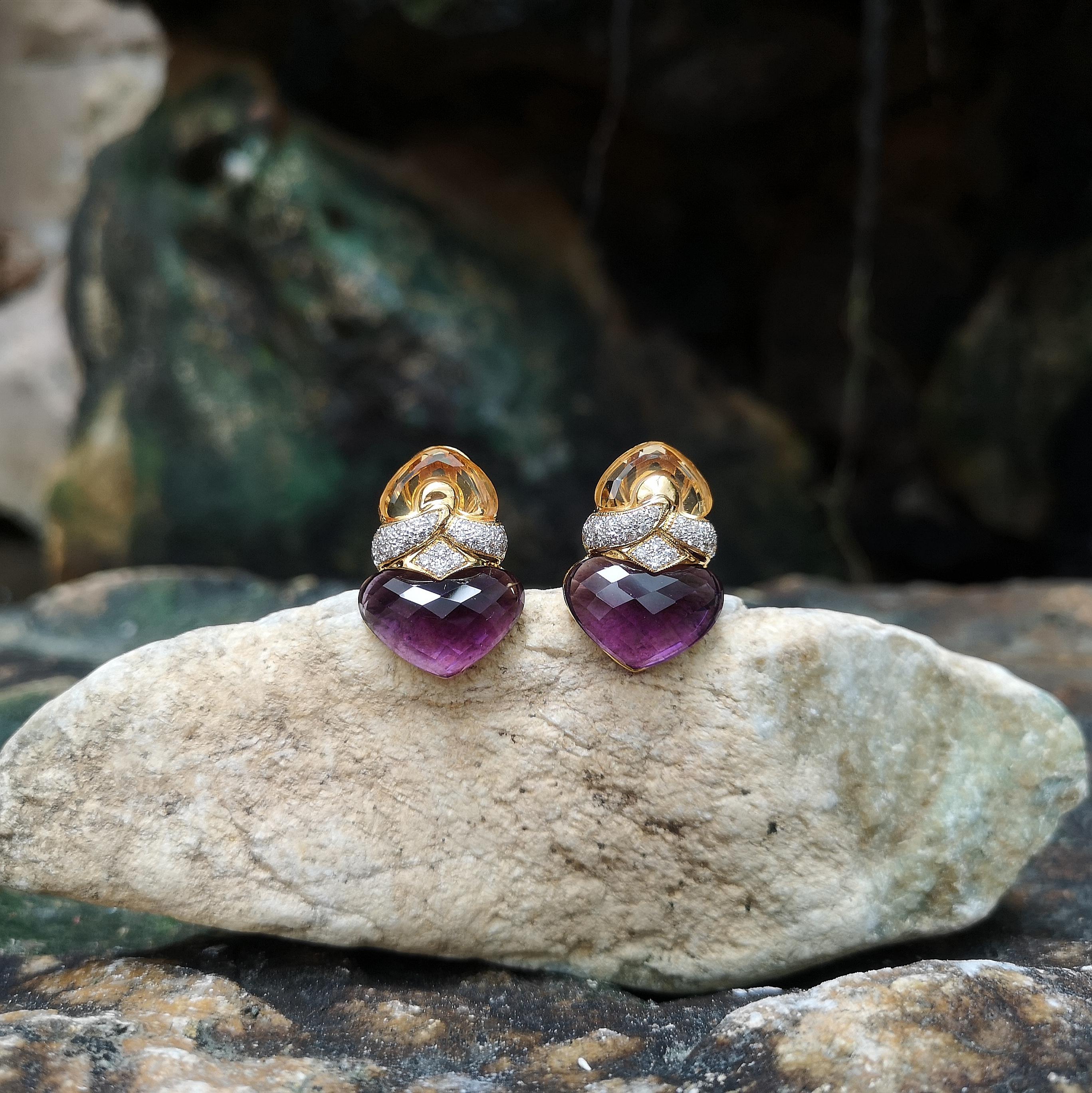 Contemporary Citrine, Amethyst with Diamond Earrings Set in 18 Karat Gold Settings For Sale