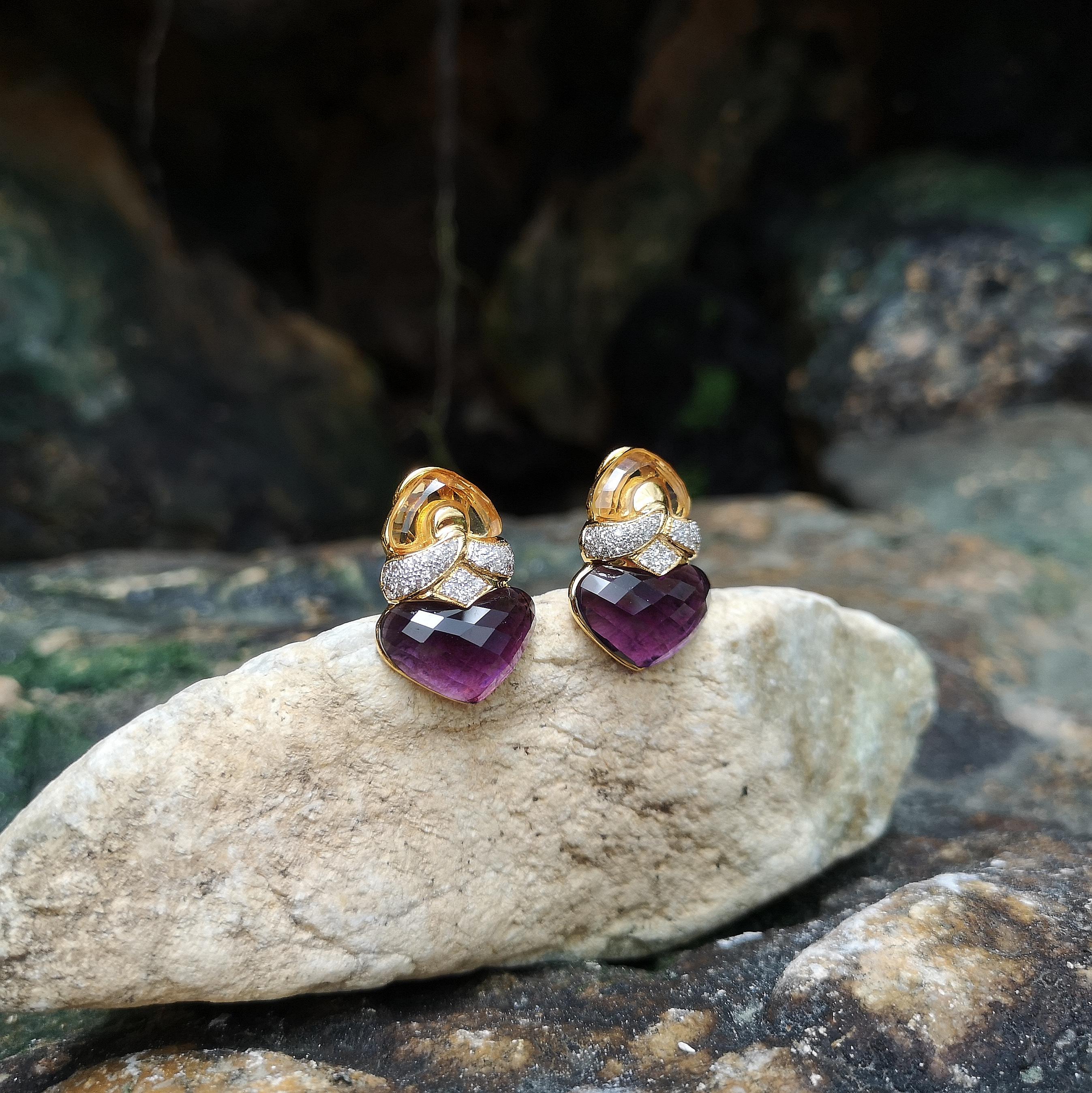 Mixed Cut Citrine, Amethyst with Diamond Earrings Set in 18 Karat Gold Settings For Sale