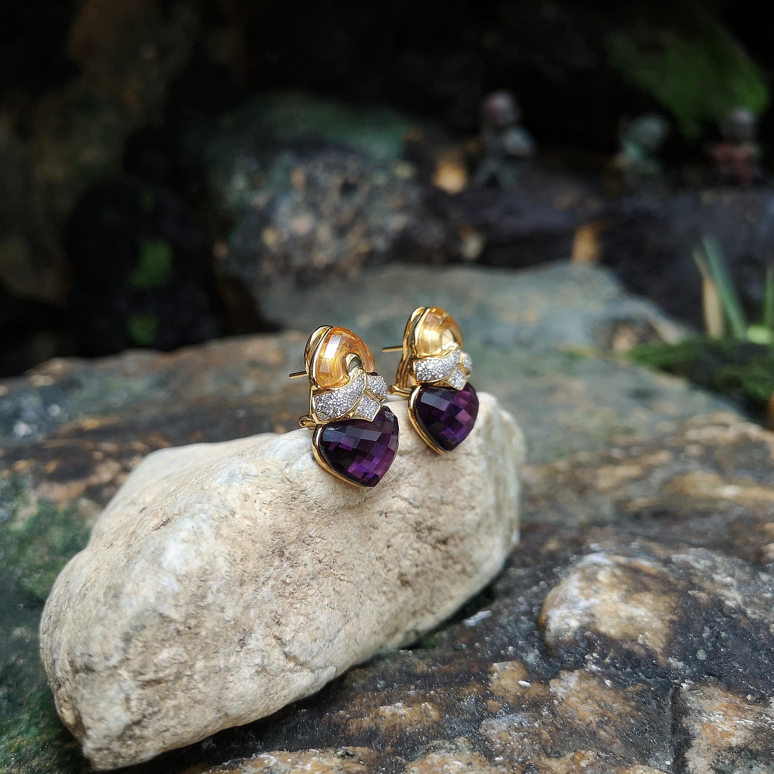 Citrine, Amethyst with Diamond Earrings Set in 18 Karat Gold Settings In New Condition For Sale In Bangkok, TH