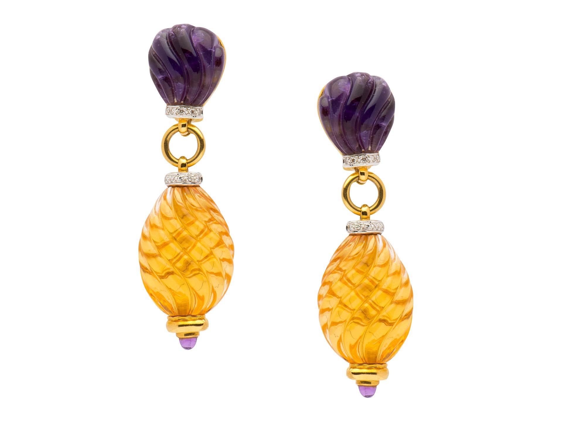 Citrine Amethyst Wood Diamond Earrings set with a carved amethyst and citrine, framed by a detachable wood surround set with diamonds, citrines and amethyst.