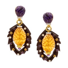Citrine Amethyst Wood Diamond Earrings Vintage Citrine Amethyst Wood Diamond Earrings