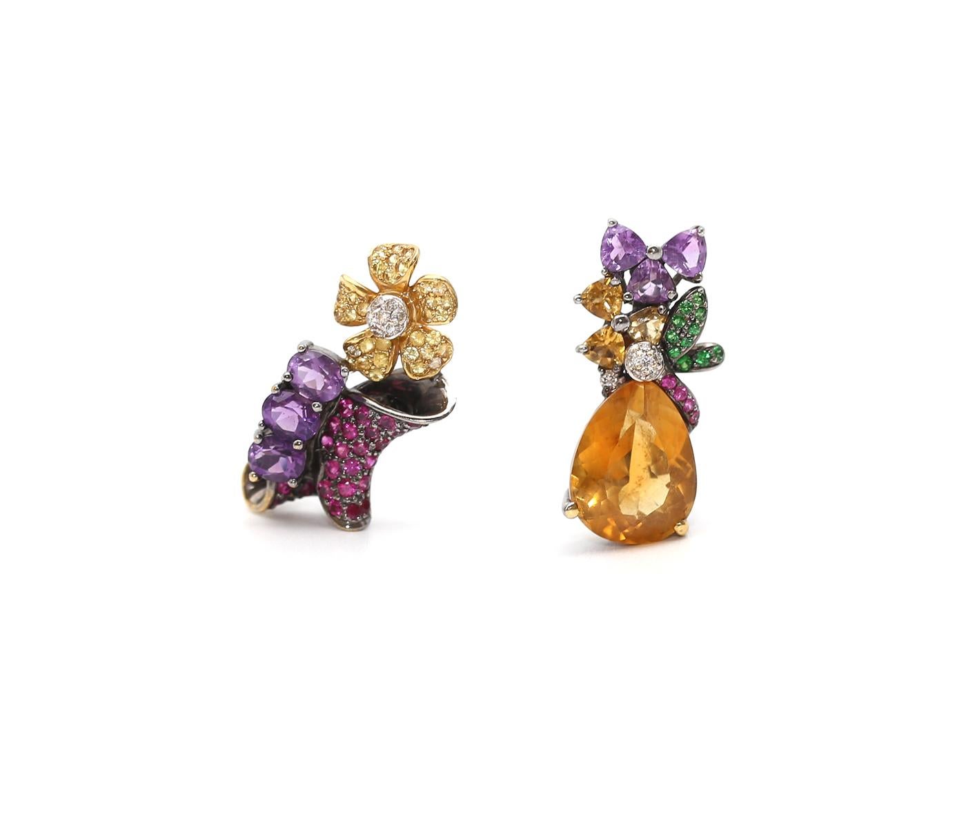 Citrine Amethysts Fancy Diamonds Black Gold Unmatched Earrings 18K.
Absolutely unique and really unusual pair of earrings. it does not match in form but you can see straight away that it is a perfect pair! Natural colorful, fruity items.
Created