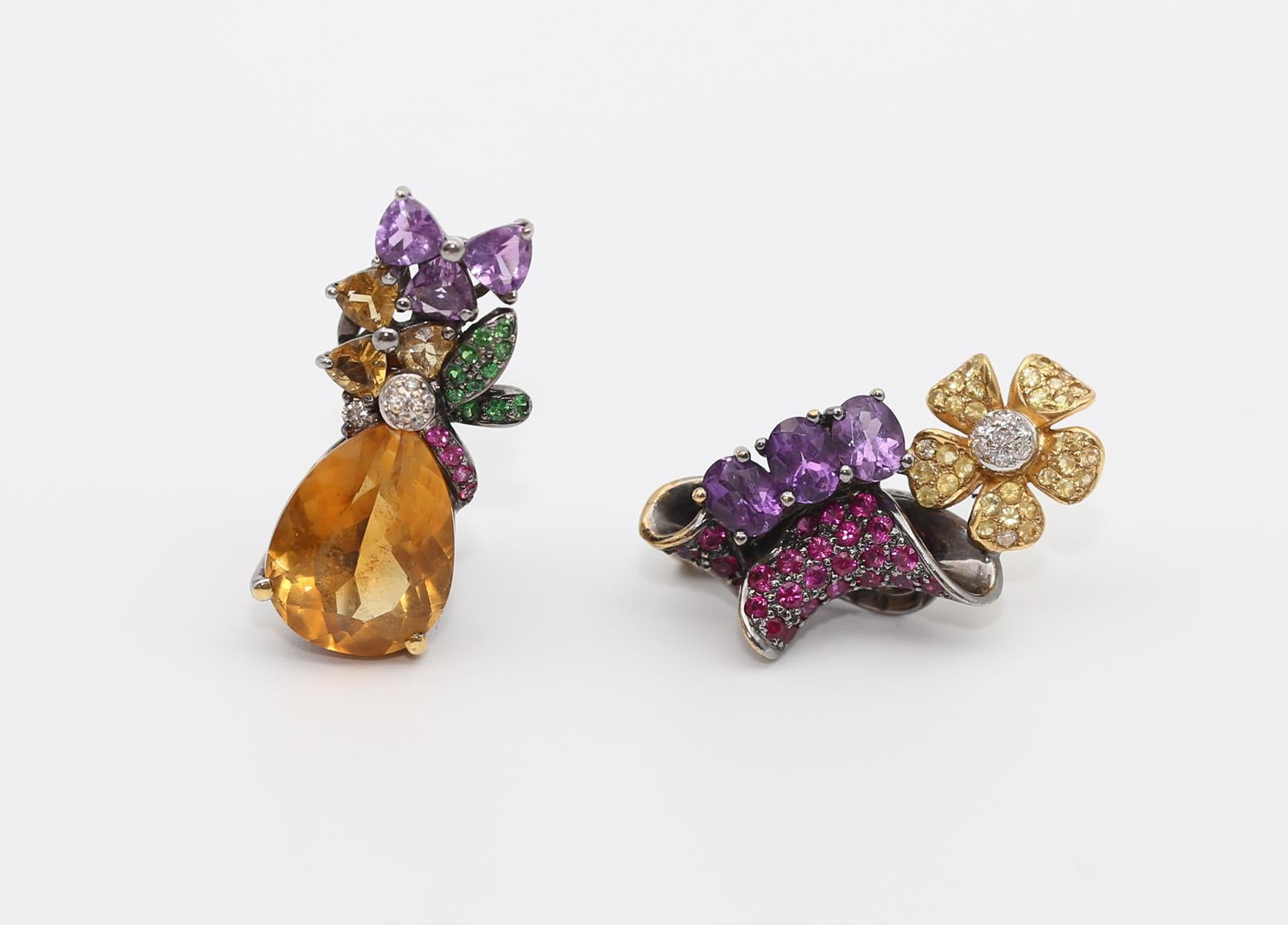 Ohrringe aus Schwarzgold mit Citrin, Amethyst und Fancy-Diamanten, 18 Karat, 1995 Damen im Angebot
