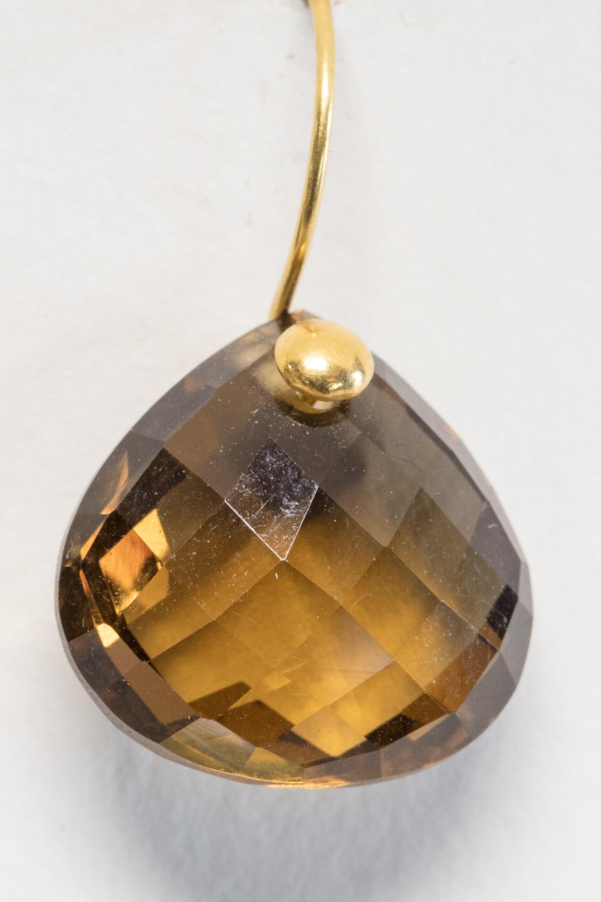Pear-shaped faceted citrine drops on 18K gold wires.  For pierced ears.  Lovely deep color and excellent cut.