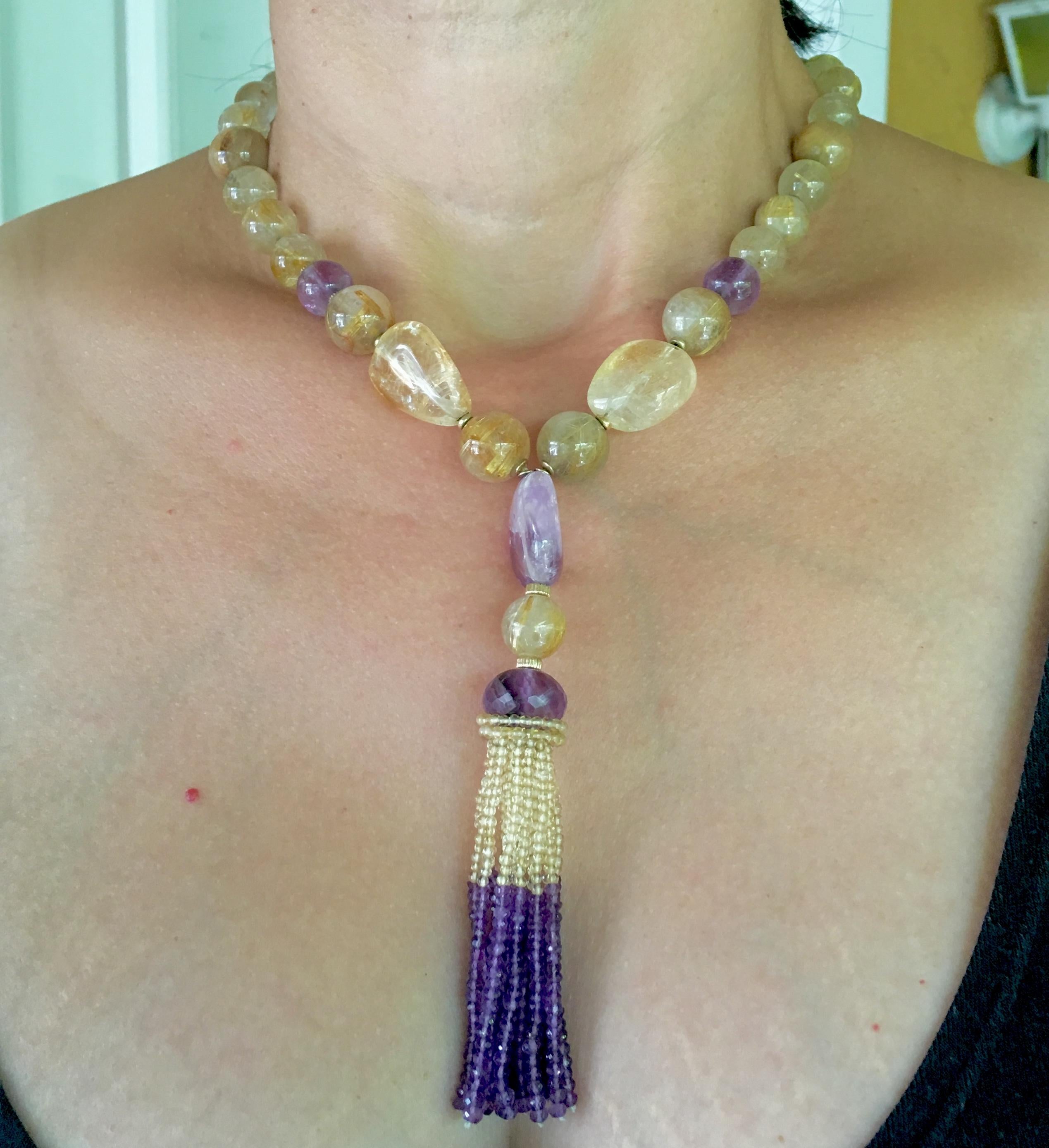 Citrine and Amethyst Beaded Necklace with 14 K Yellow Gold Magnetic Clasp 1