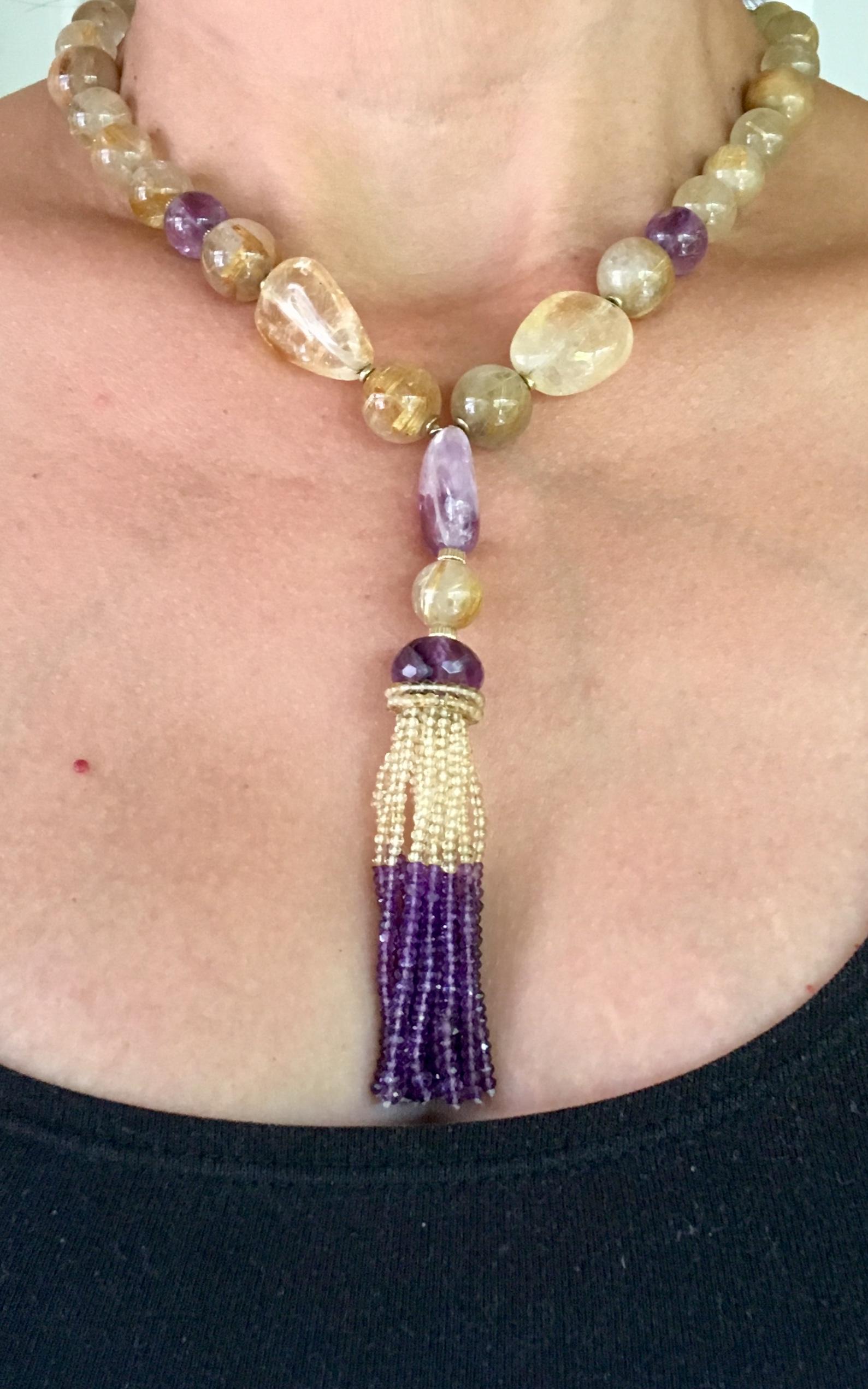 Citrine and Amethyst Beaded Necklace with 14 K Yellow Gold Magnetic Clasp 2