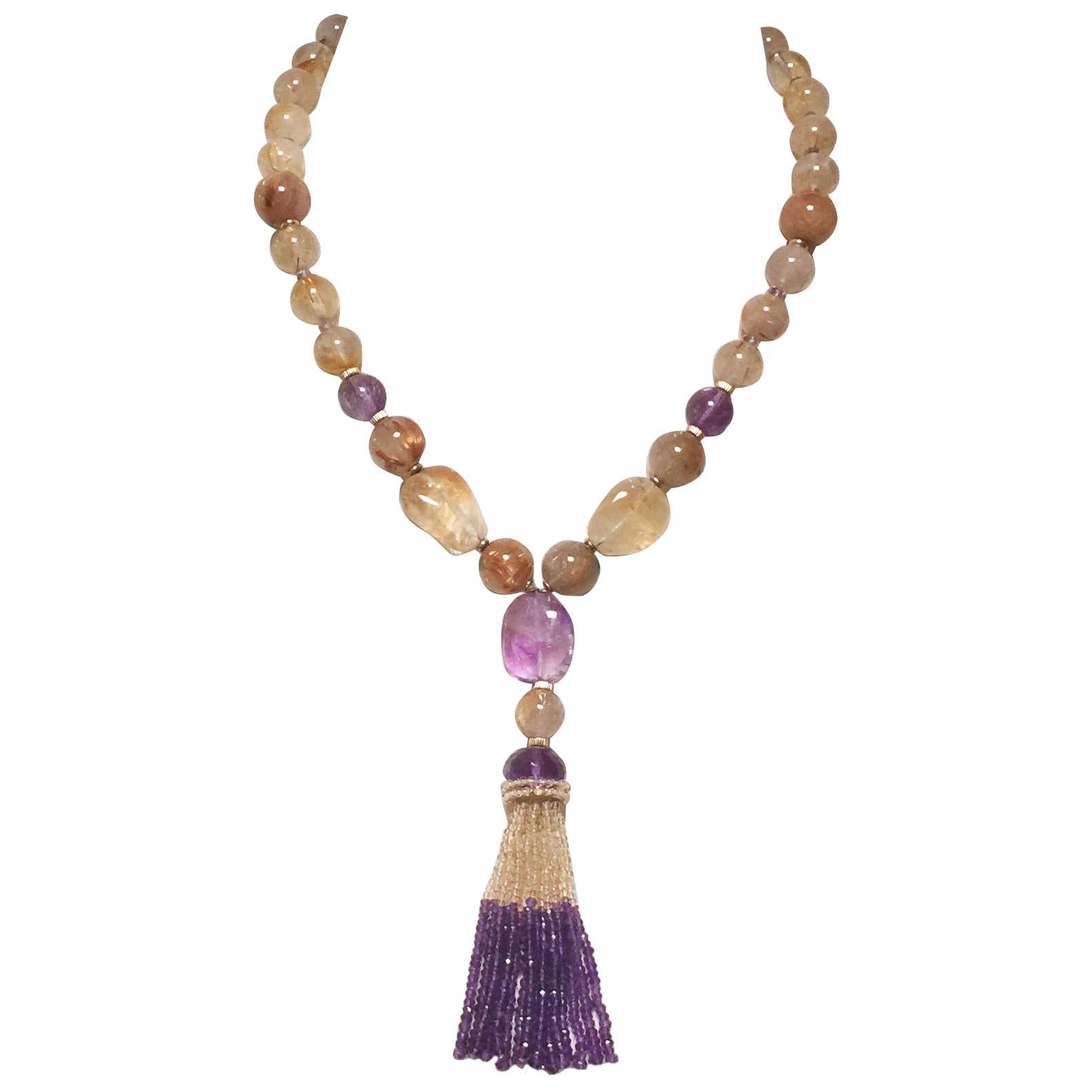 Citrine and Amethyst Beaded Necklace with 14 K Yellow Gold Magnetic Clasp