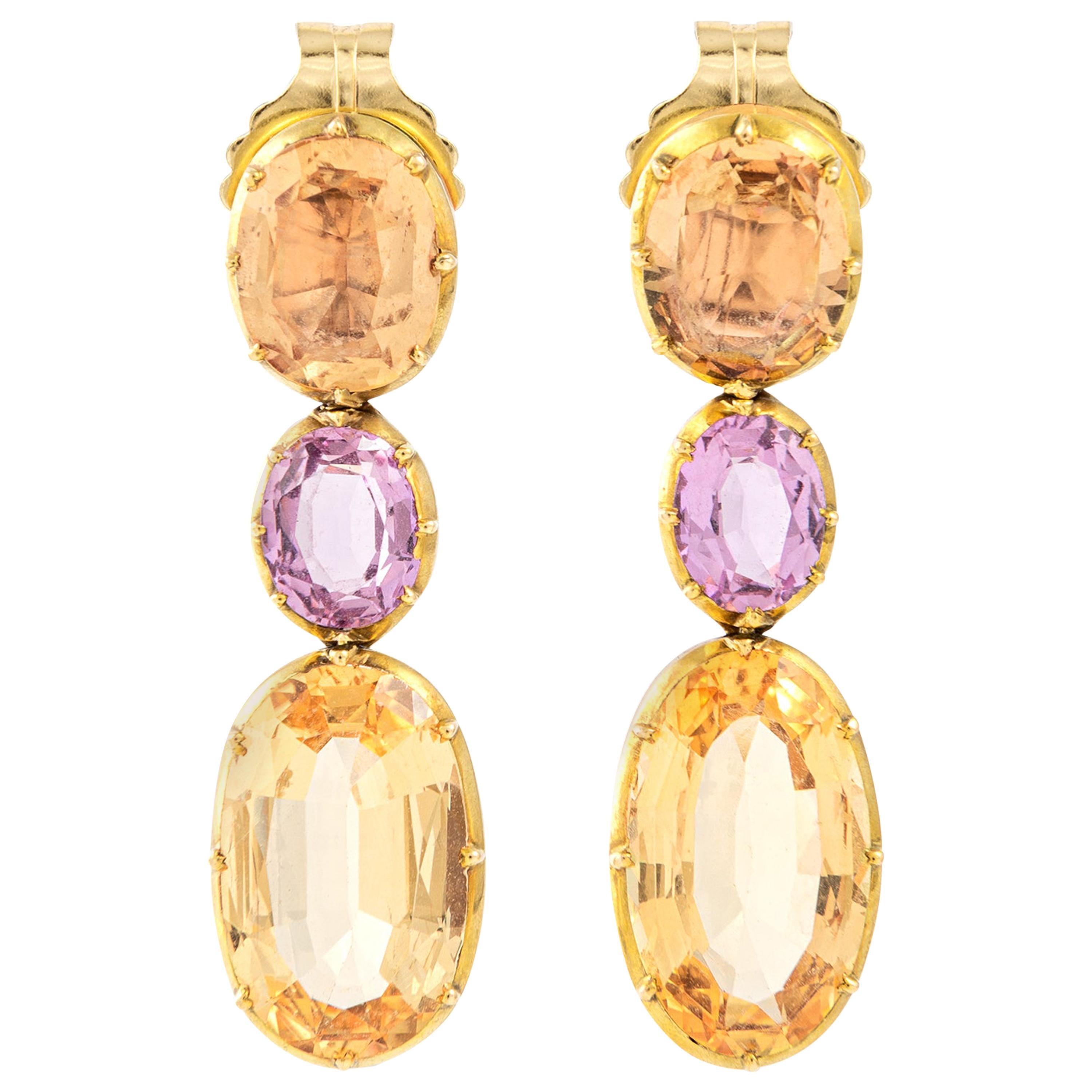 Citrine and Amethyst Yellow Gold Earrings