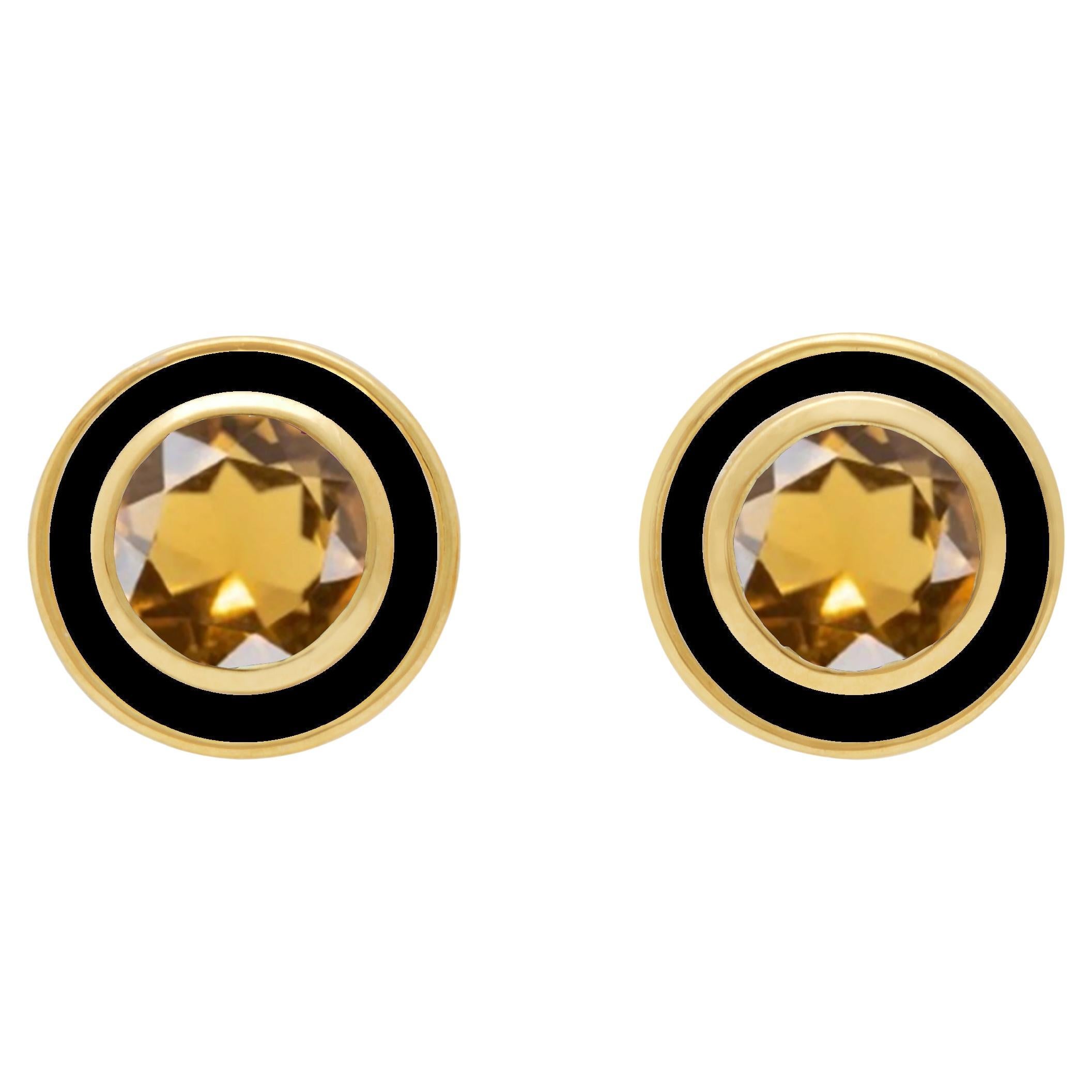 Citrine and Black Enamel Stud Earrings