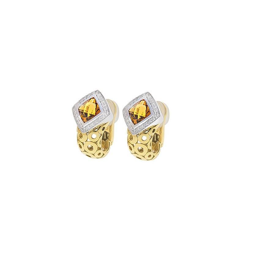 18K white and yellow gold earrings containing a bezel set checkerboard faceted citrine surrounded by pave set diamonds.
The diamonds weigh combined 0.48 carat, G color, VS clarity.
