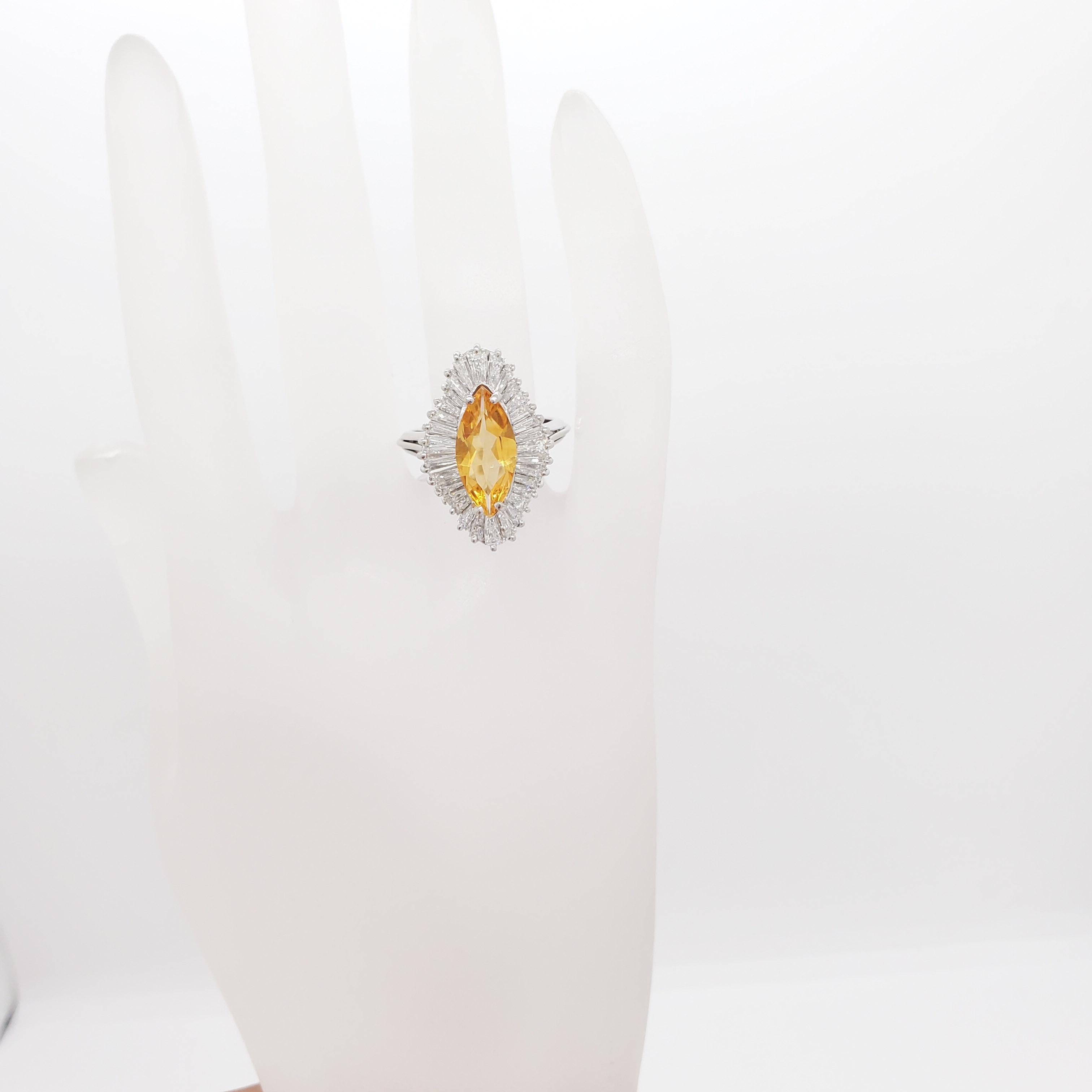 Marquise Cut Citrine and Diamond Cocktail Ring in 14k White Gold