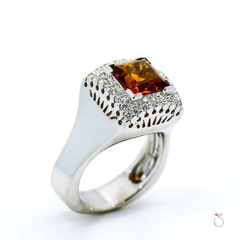 Princess Cut Citrine and Diamond Double Halo Designer Ring in 18 Karat Gold by Assor Gioielli For Sale