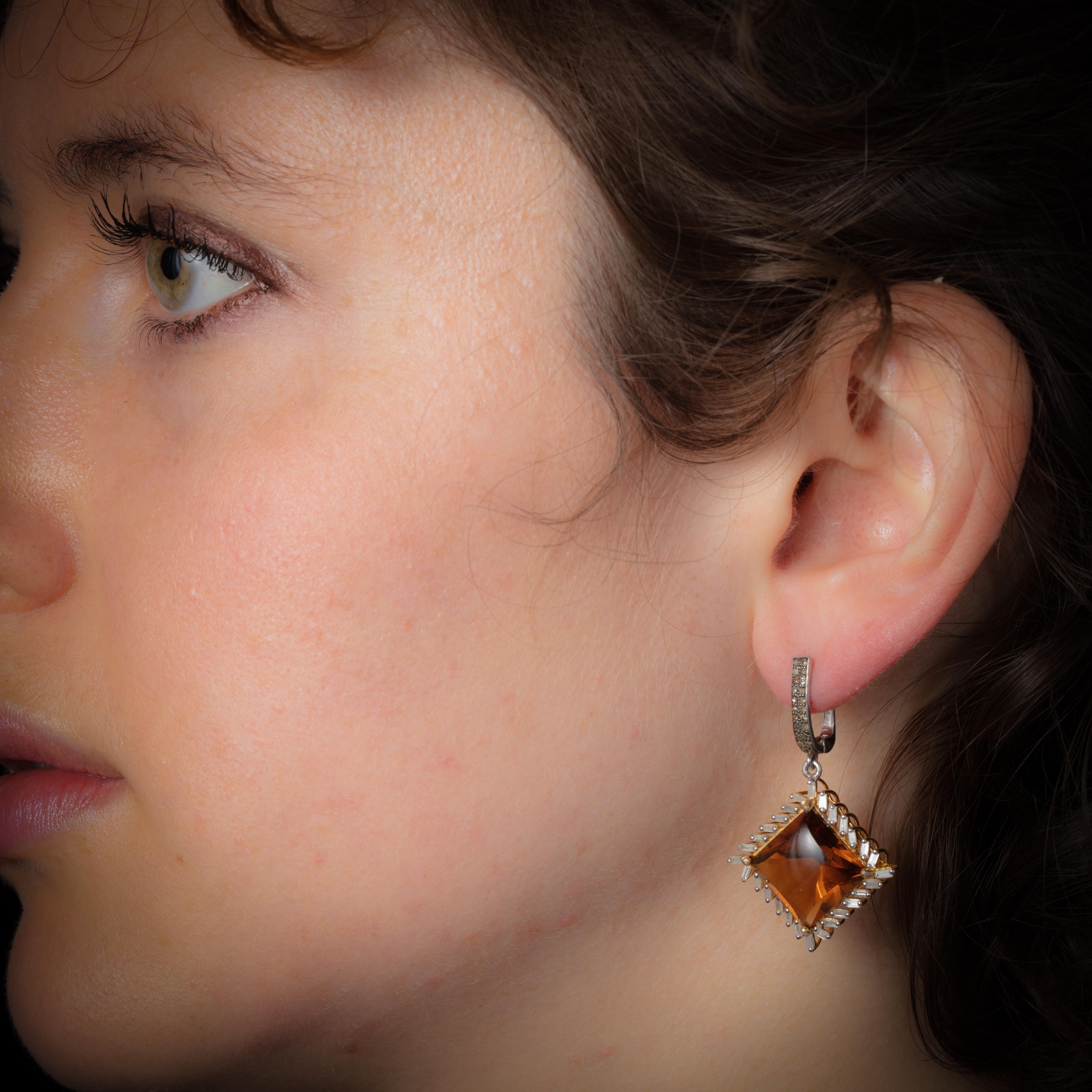 Cushion Cut Citrine and Diamond Drop Earrings