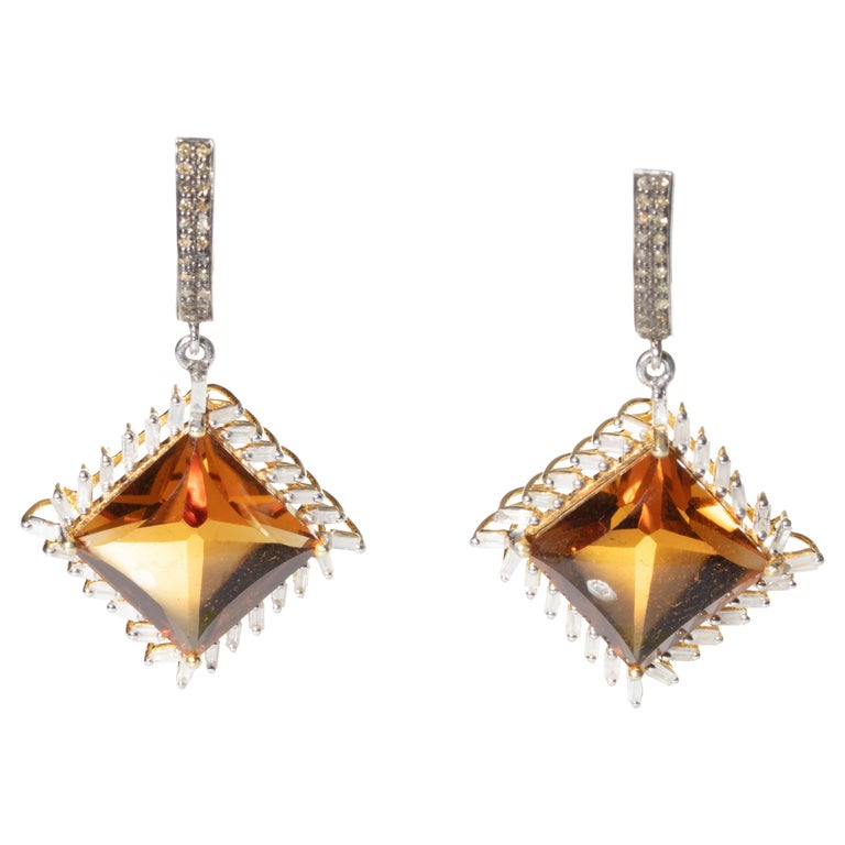 Citrine and Diamond Drop Earrings For Sale