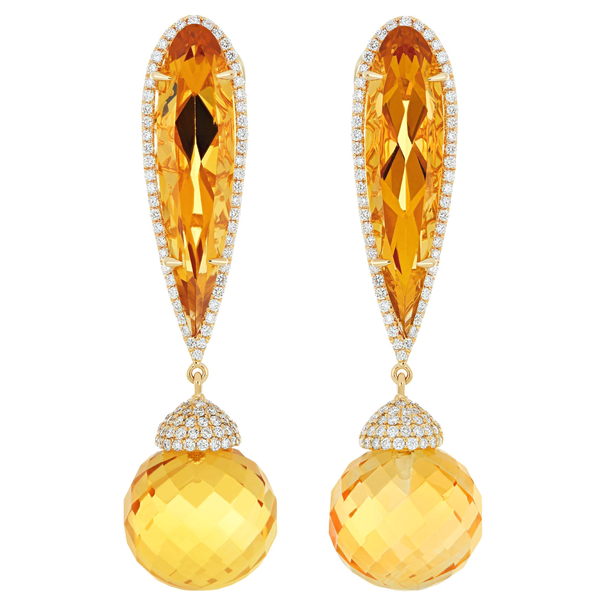 Citrine and Diamond Earring 14k Yellow Gold Drop Earring For Anniversary Gift