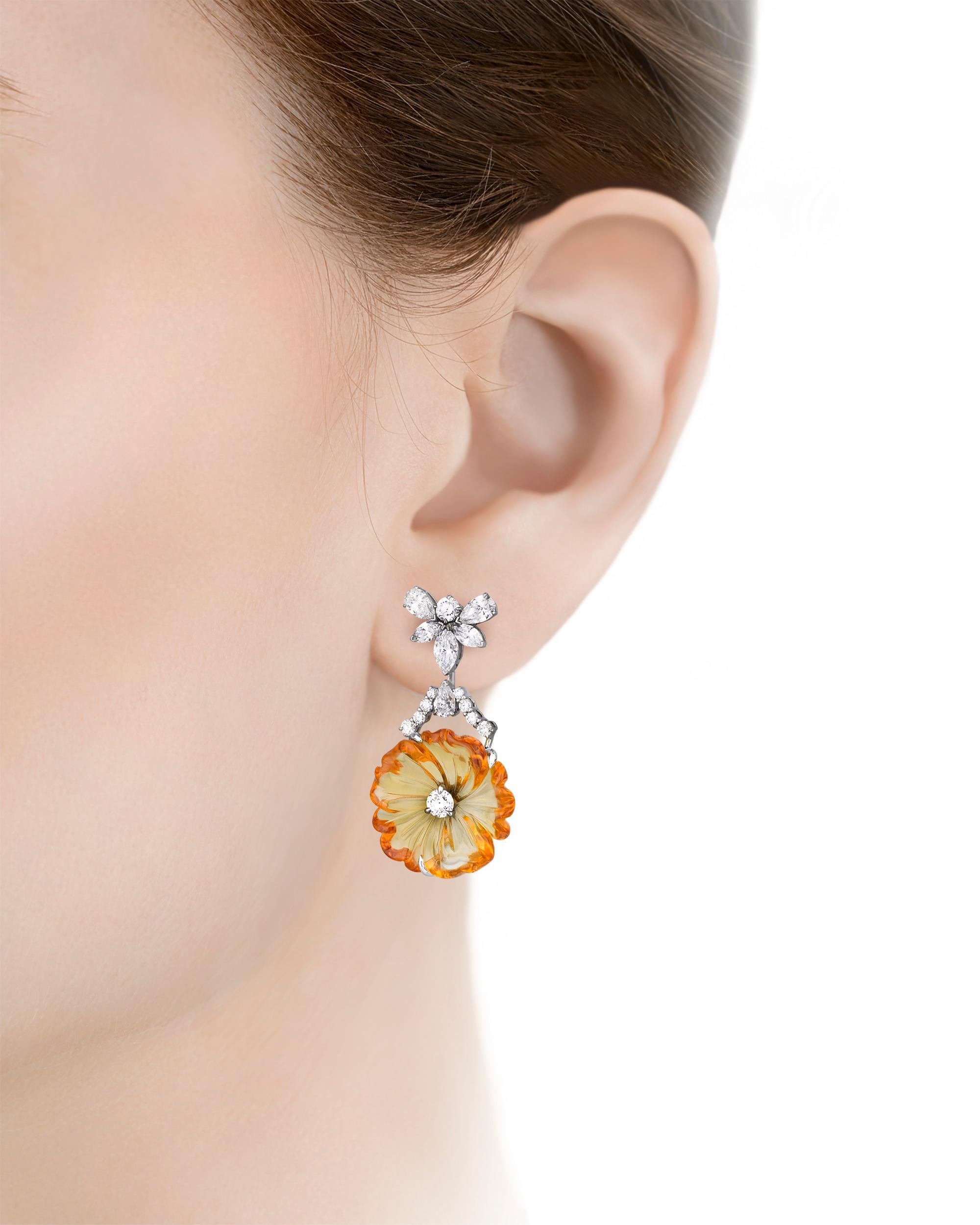 Modern Citrine and Diamond Floral Earrings by Raymond Yard
