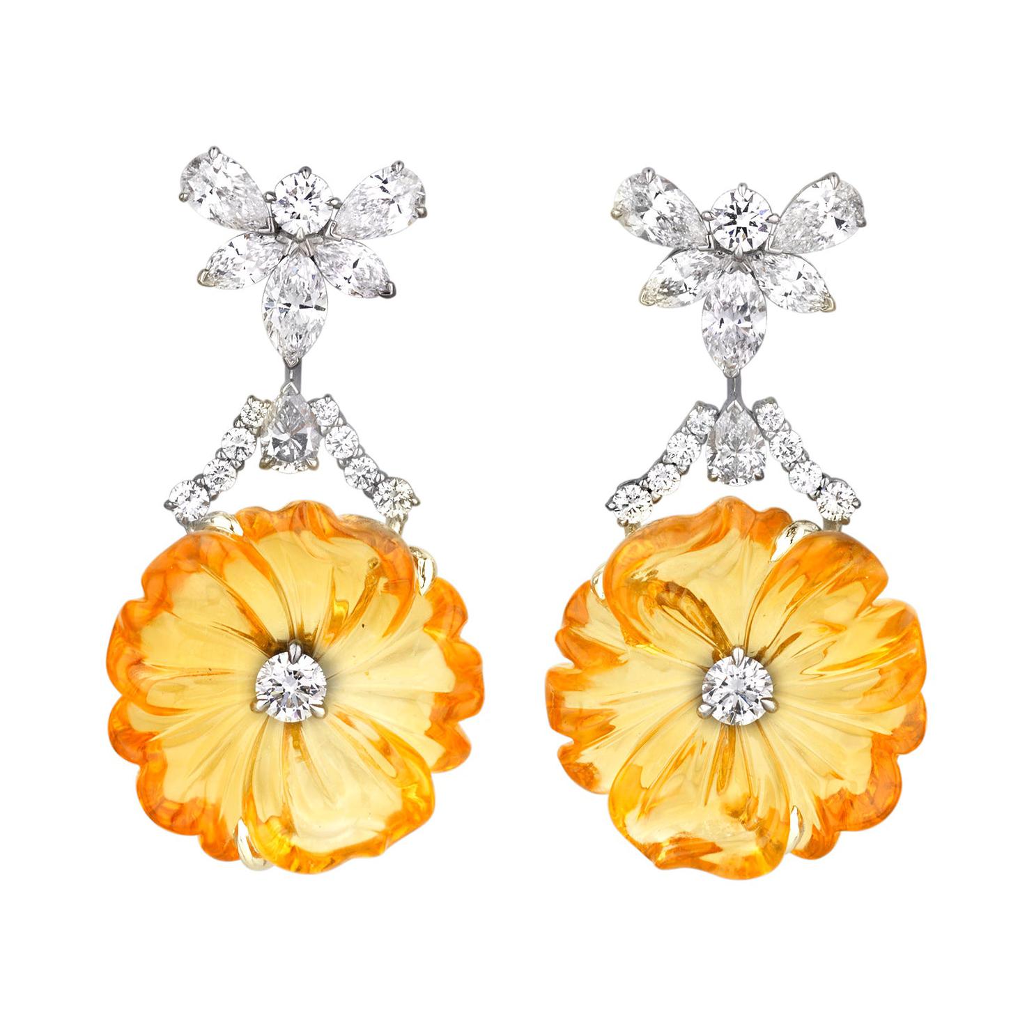 Citrine and Diamond Floral Earrings by Raymond Yard