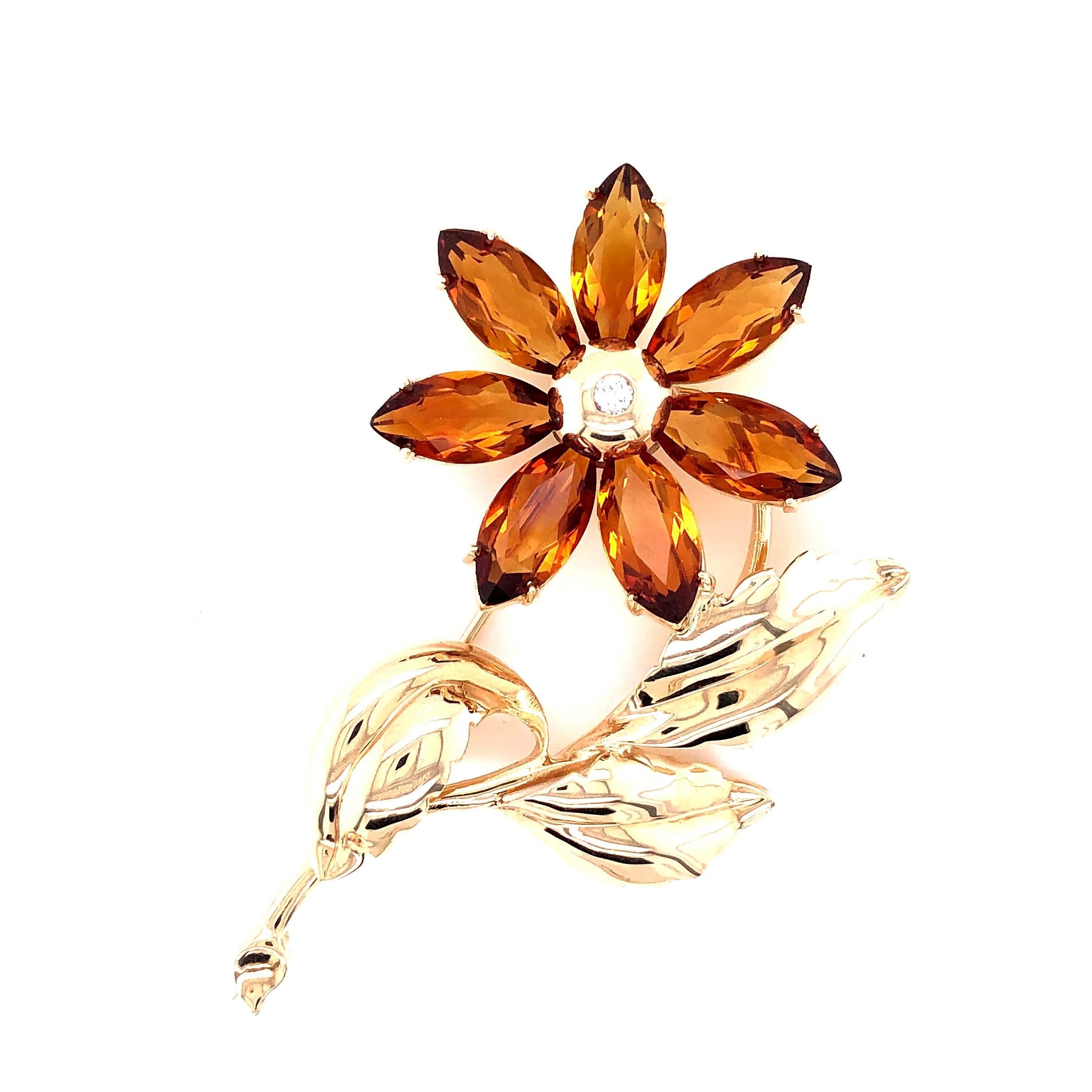 Retro Citrine and Diamond Flower Brooch