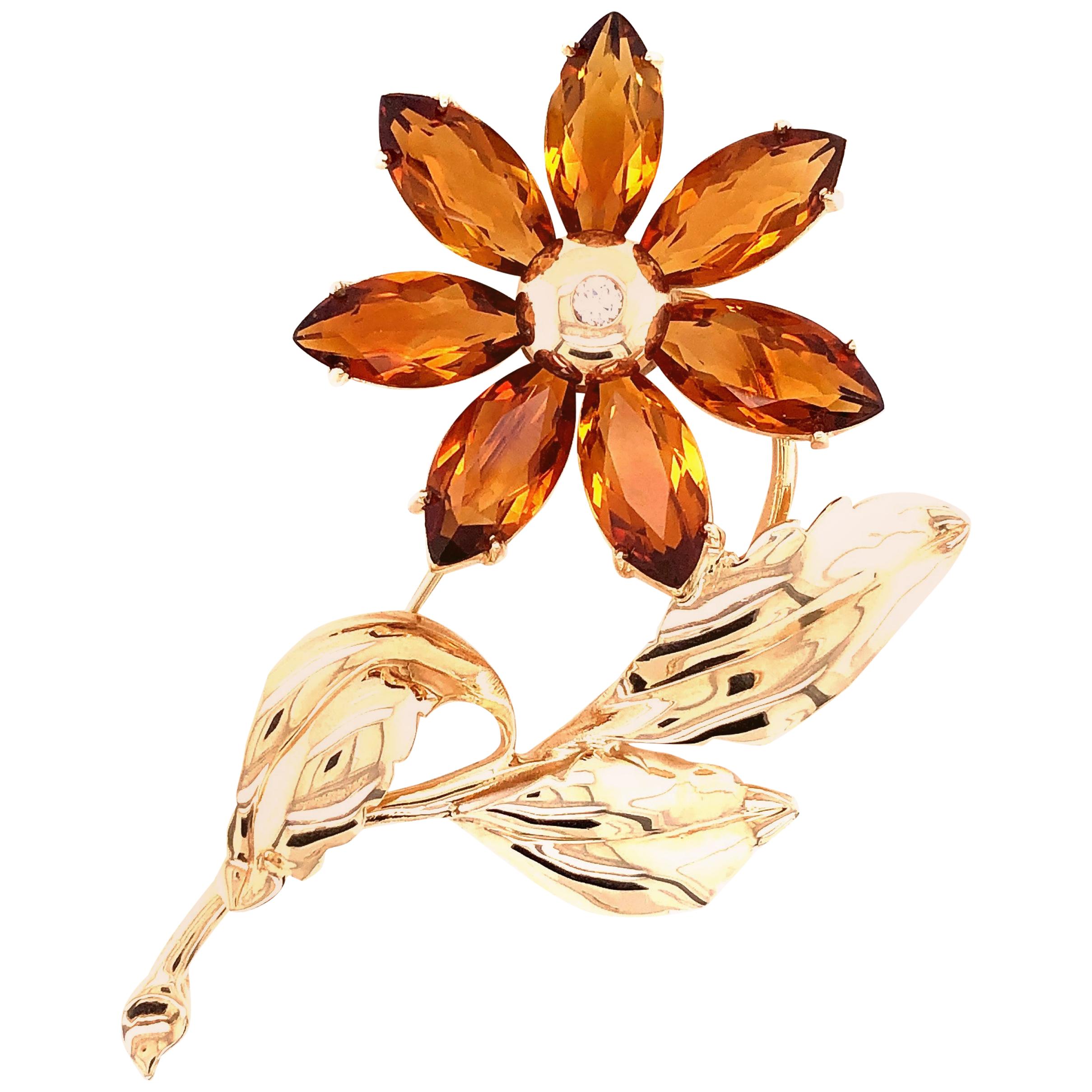Citrine and Diamond Flower Brooch
