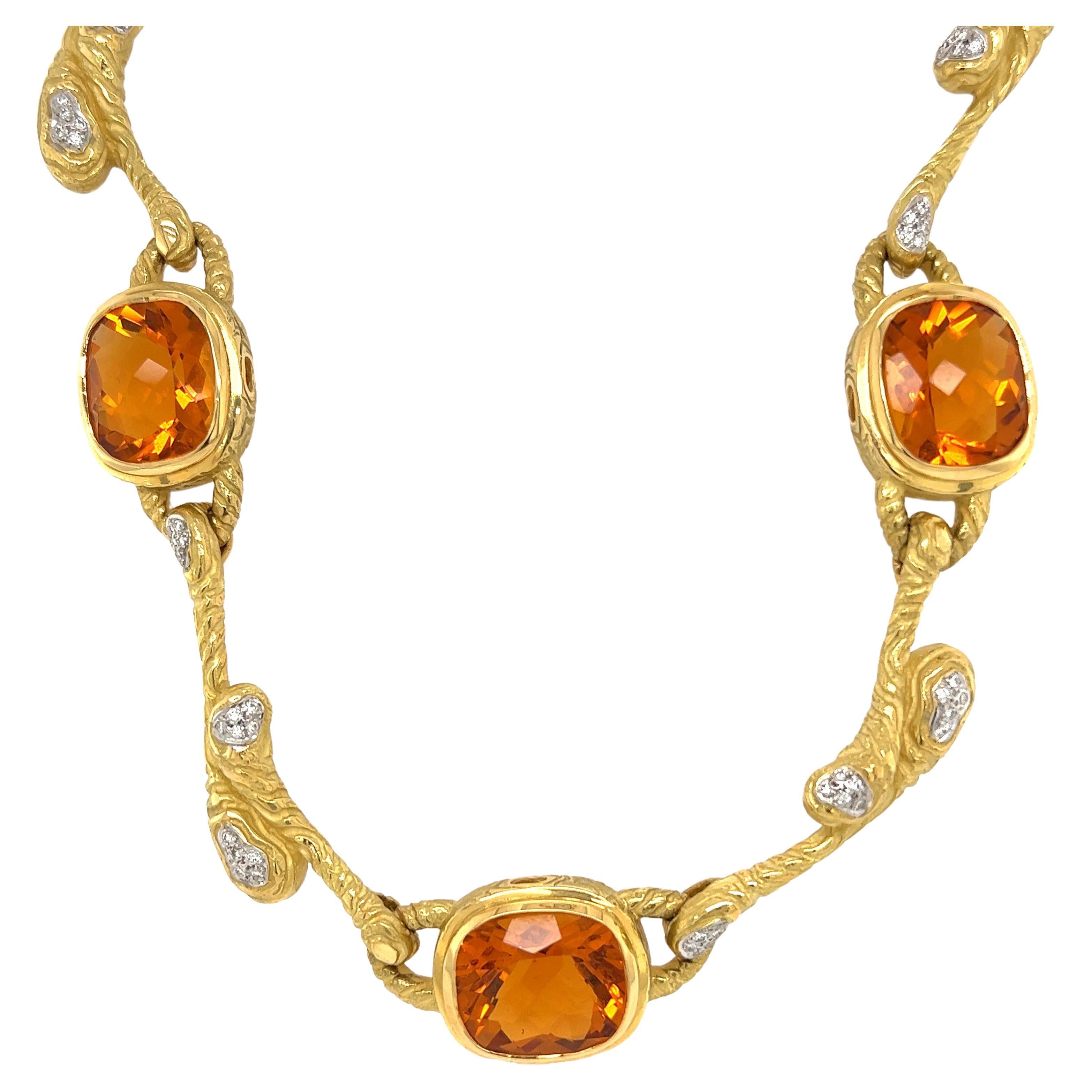 Simply Beautiful! Finely detailed Designer Citrine and Diamond Gold Necklace. Hand set with 3 Citrines, weighing approx. 36.00tcw, interspaced with Scepter designs, set with 60 Round Brilliant-Cut Diamonds, weighing approx. 0.60tcw. Color H; Clarity
