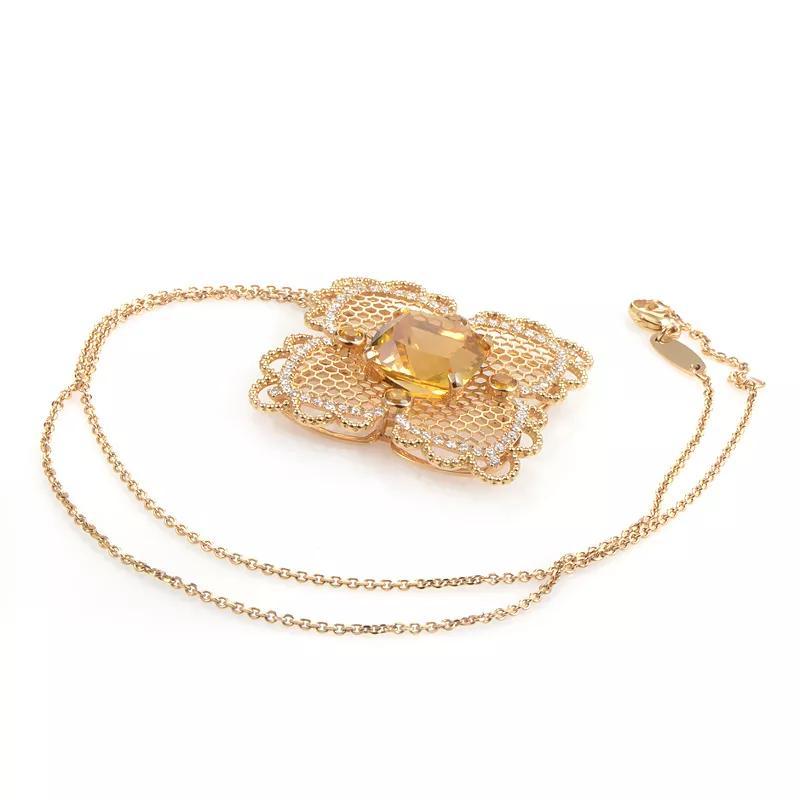 Square Cut Citrine and Diamond Lace Pendant Necklace in 18k Yellow Gold by Georland France For Sale