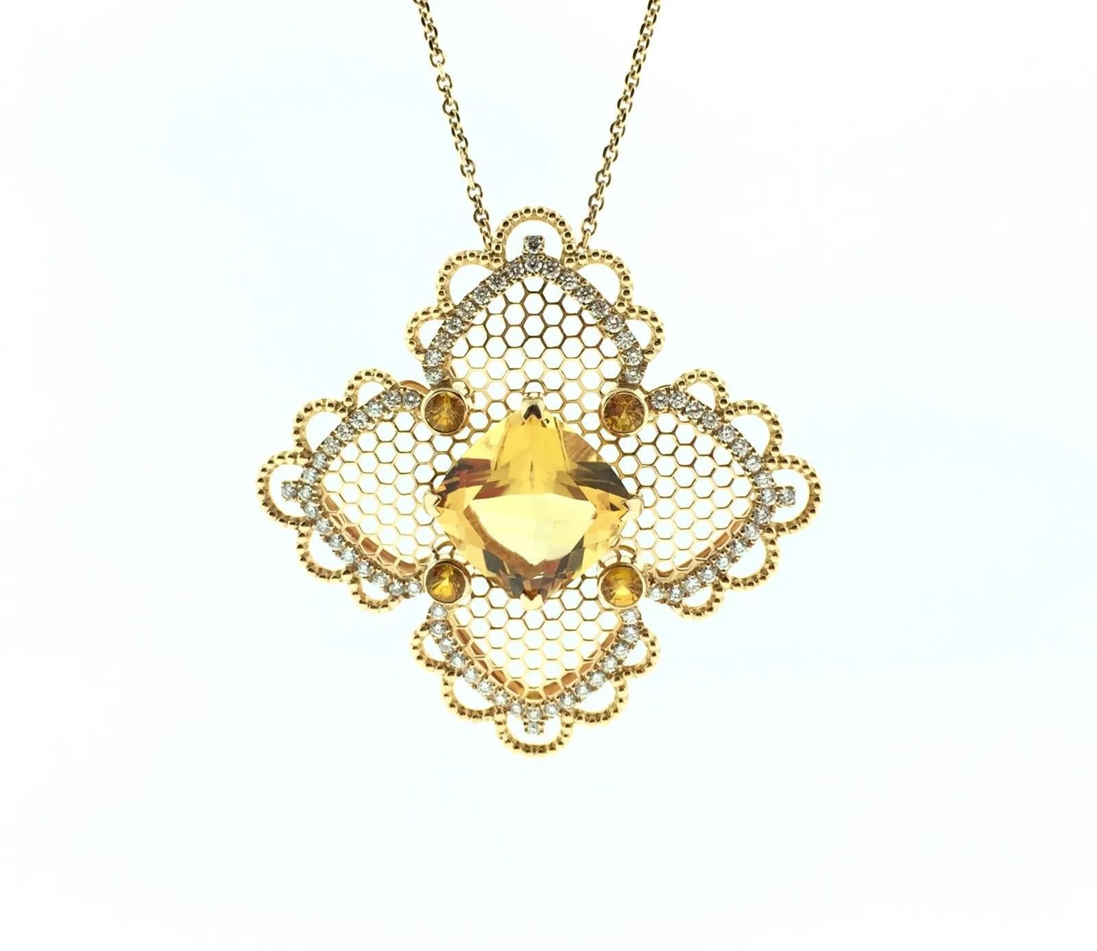 Citrine and Diamond Lace Pendant Necklace in 18k Yellow Gold by Georland France In Excellent Condition For Sale In La Jolla, CA