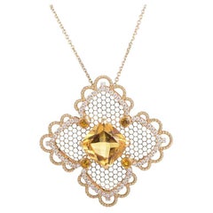 Citrine and Diamond Lace Pendant Necklace in 18k Yellow Gold by Georland France