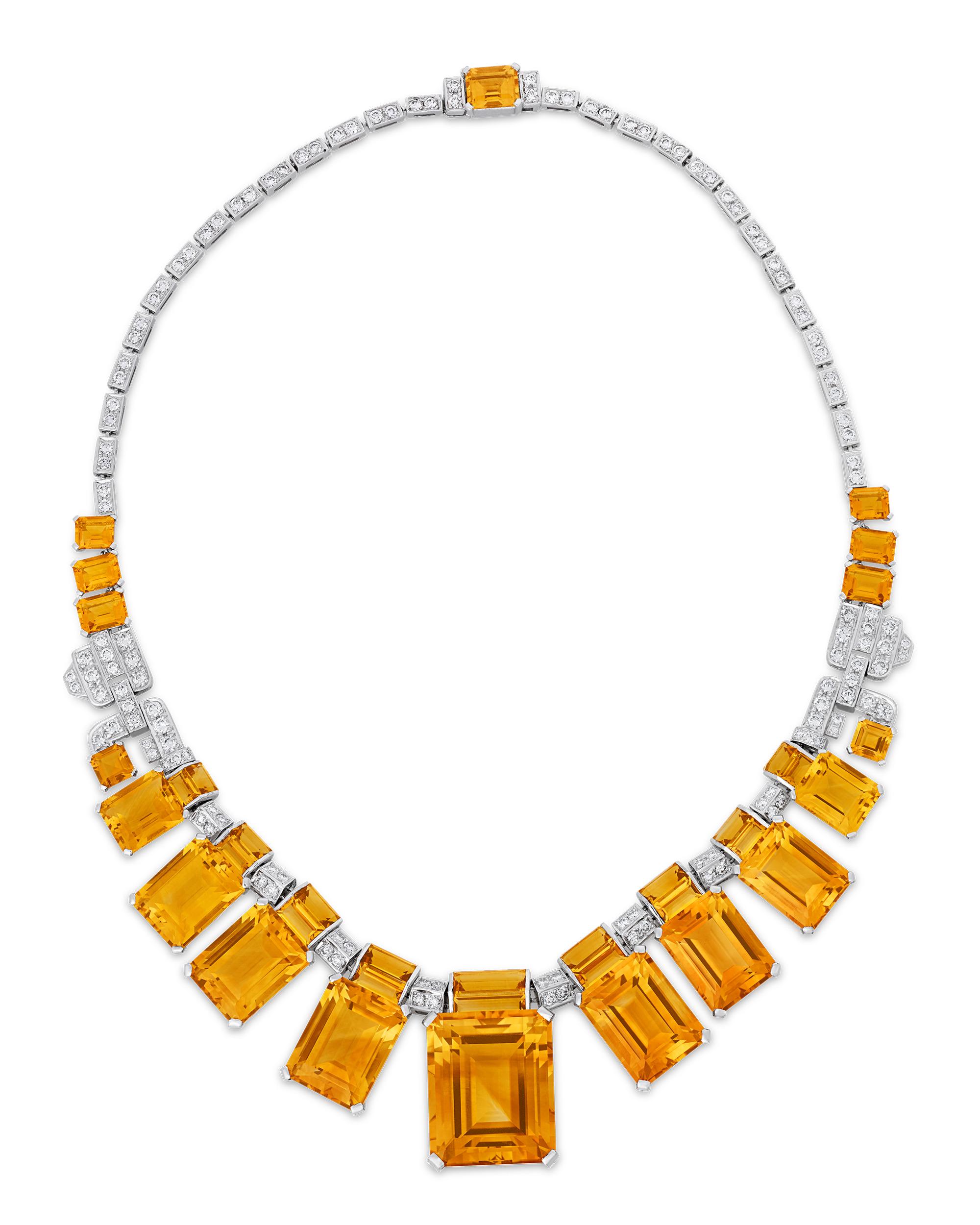Emerald Cut Citrine And Diamond Necklace For Sale