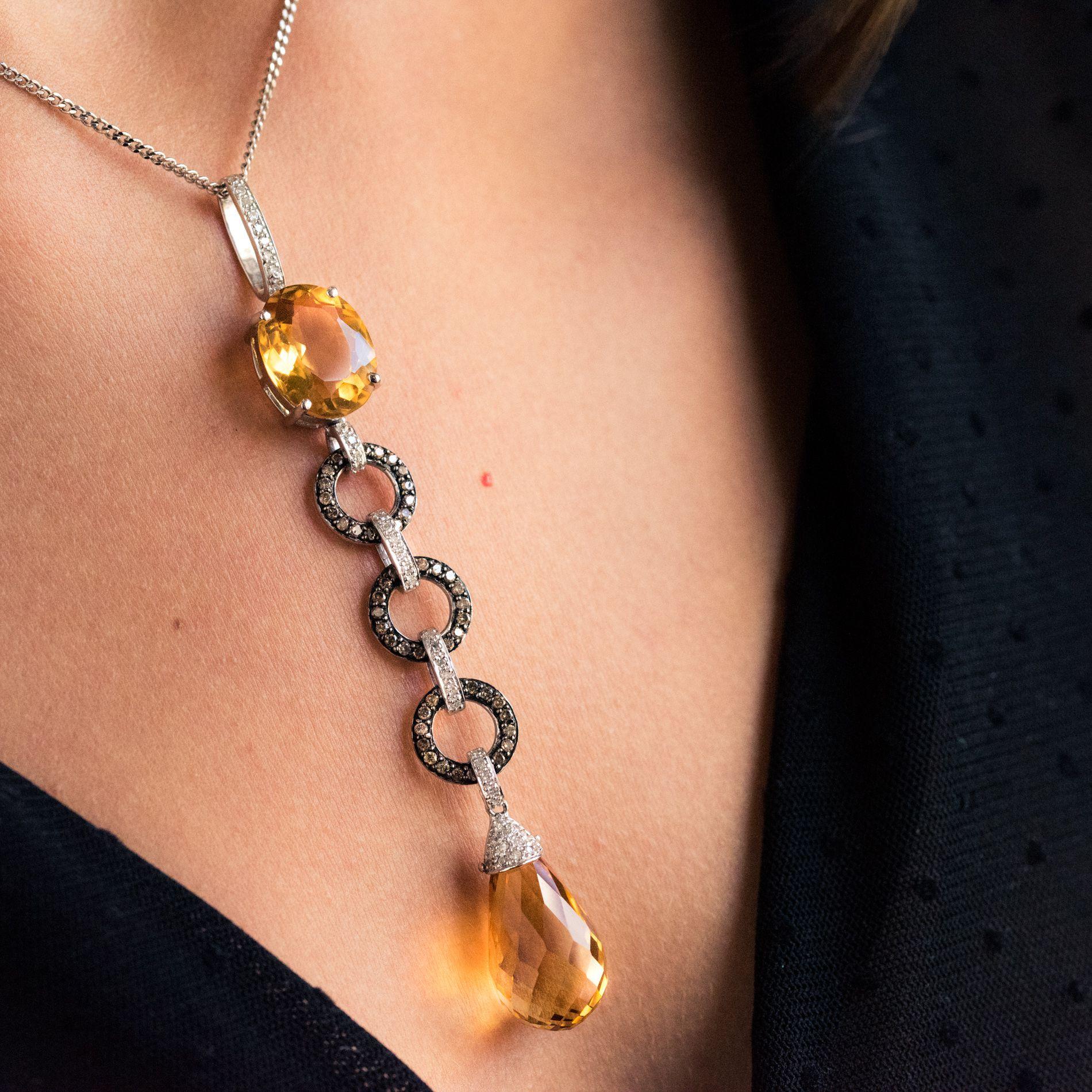 Art Deco Style Citrine and Diamond Pendant Necklace In New Condition In Poitiers, FR