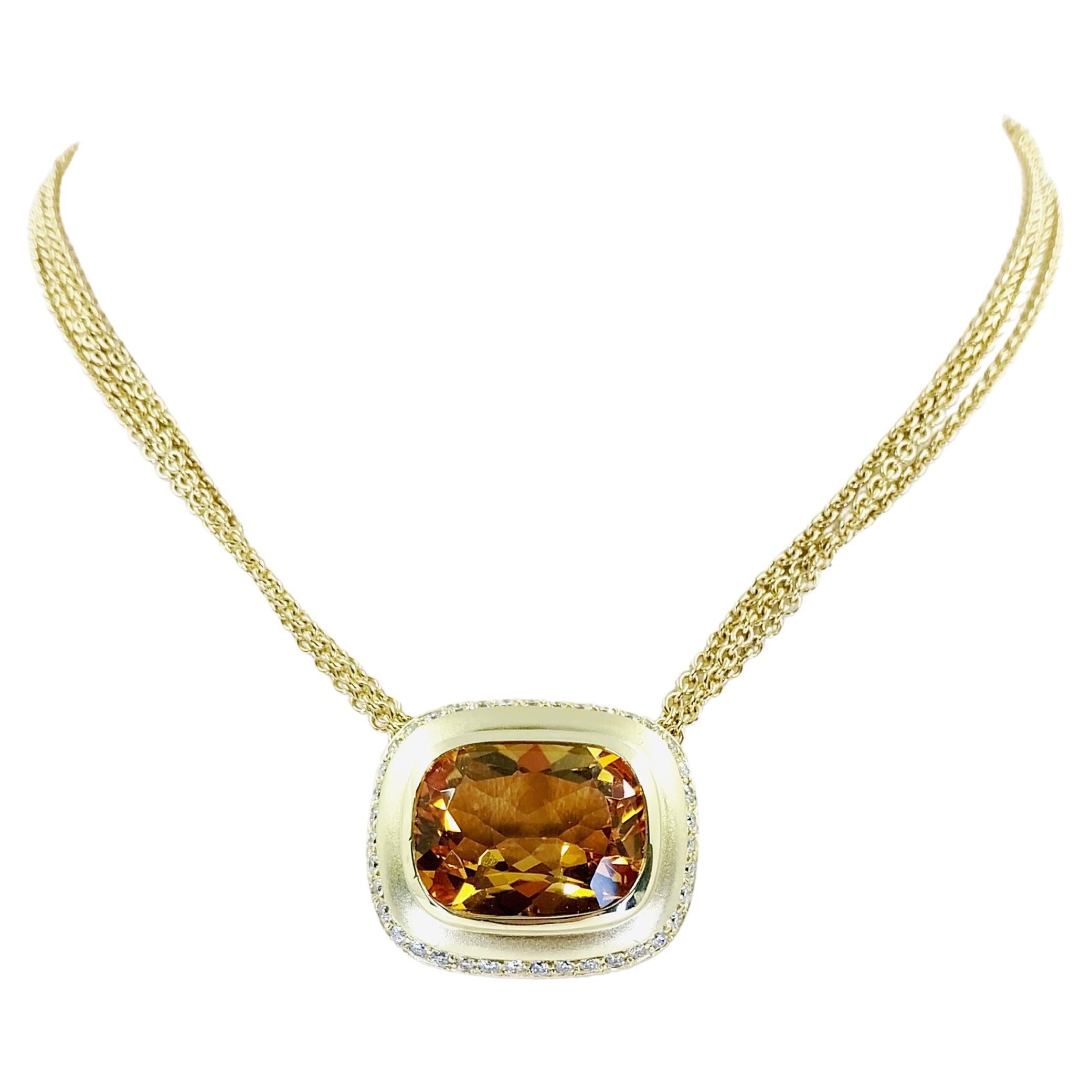 Citrine and Diamond Pendant Triple Chain Necklace