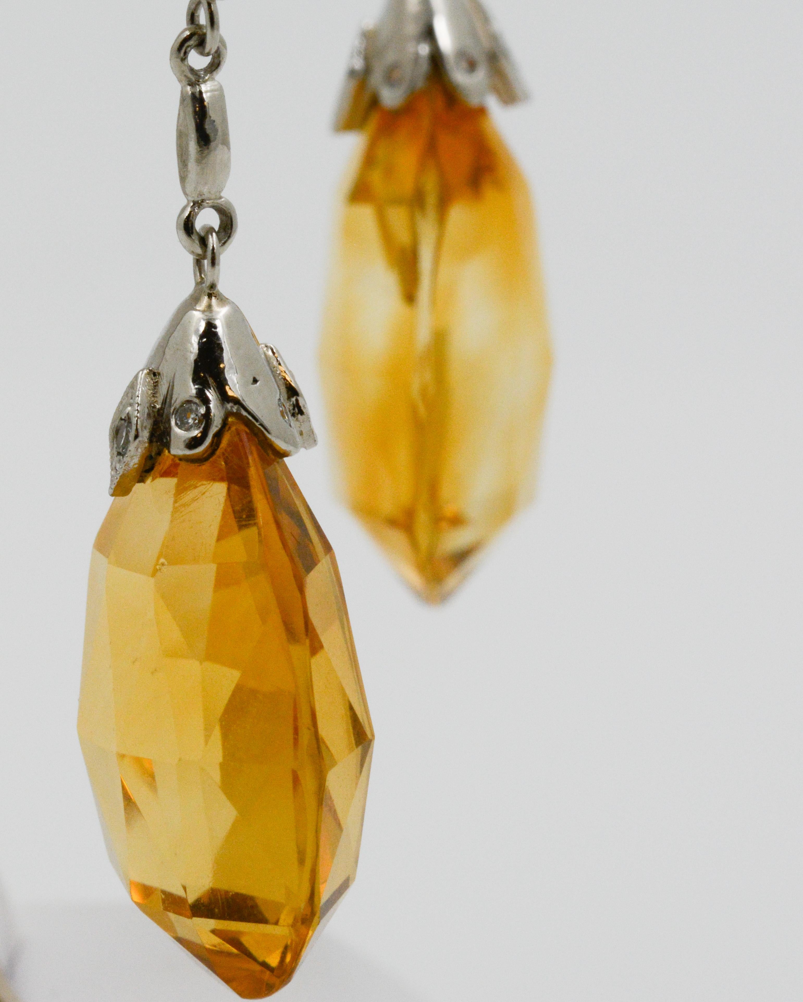 Citrine and Diamond Platinum Drop Earrings In Good Condition In Dallas, TX