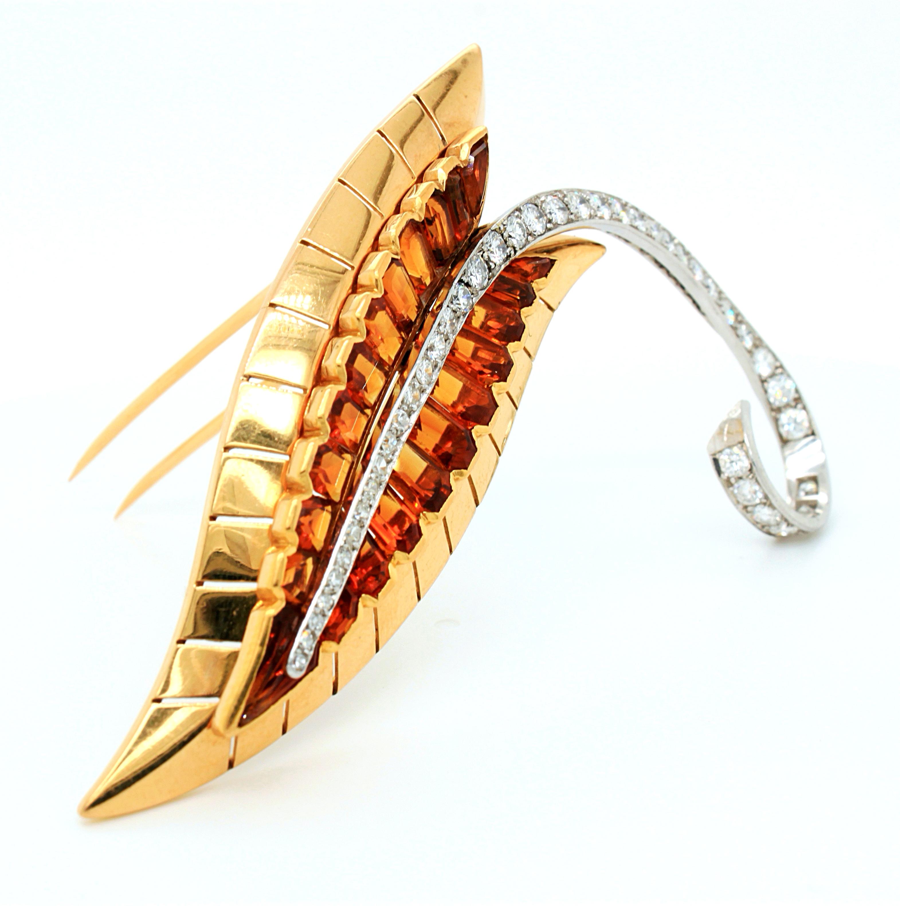 Emerald Cut Citrine and Diamond Retro Leaf Brooch, Sasportas, France, 1960s For Sale