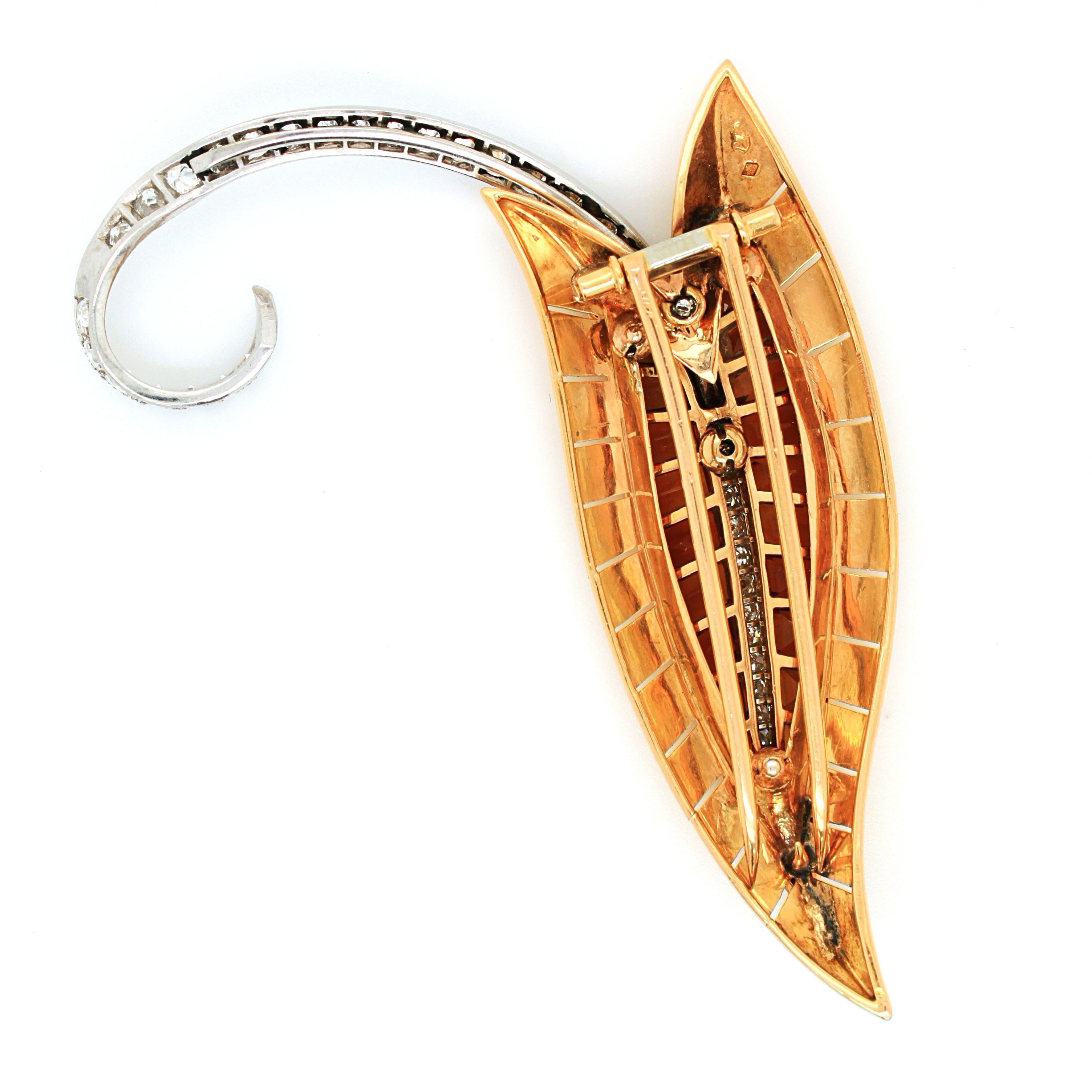 Citrine and Diamond Retro Leaf Brooch, Sasportas, France, 1960s For Sale 4