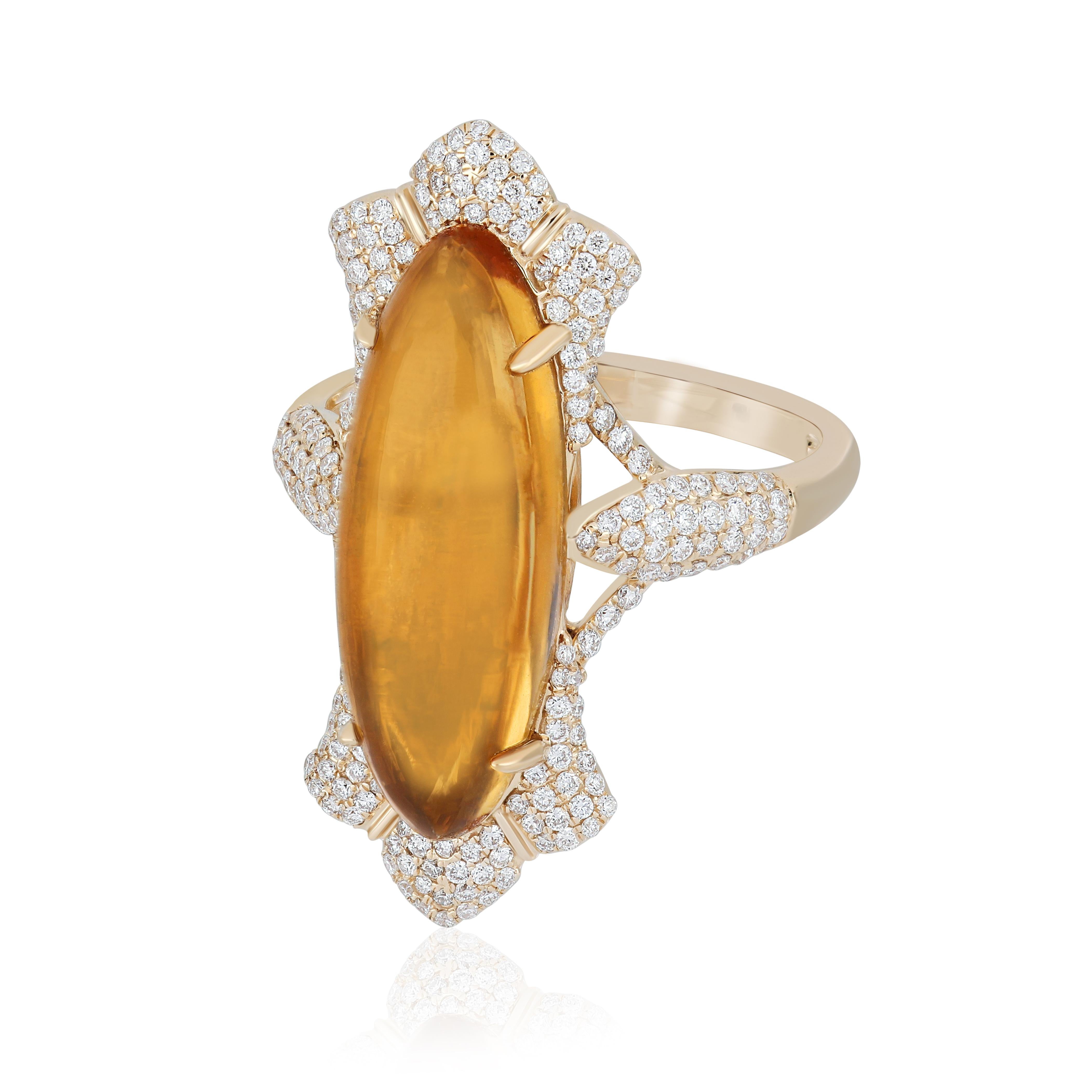 Bague en or jaune 14 carats avec citrine et diamant Bague artisanale Neuf - En vente à JAIPUR, IN