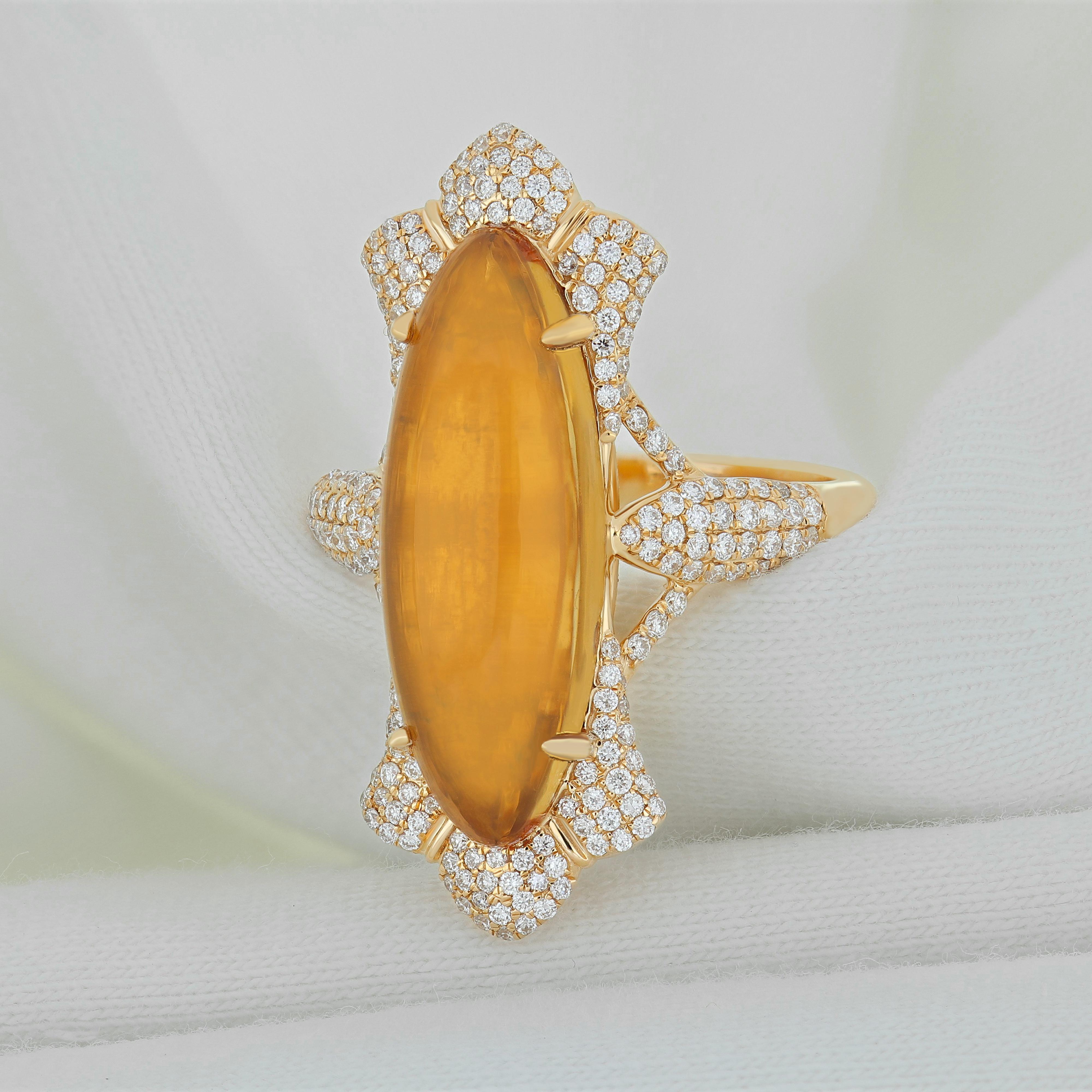 Bague en or jaune 14 carats avec citrine et diamant Bague artisanale en vente 2