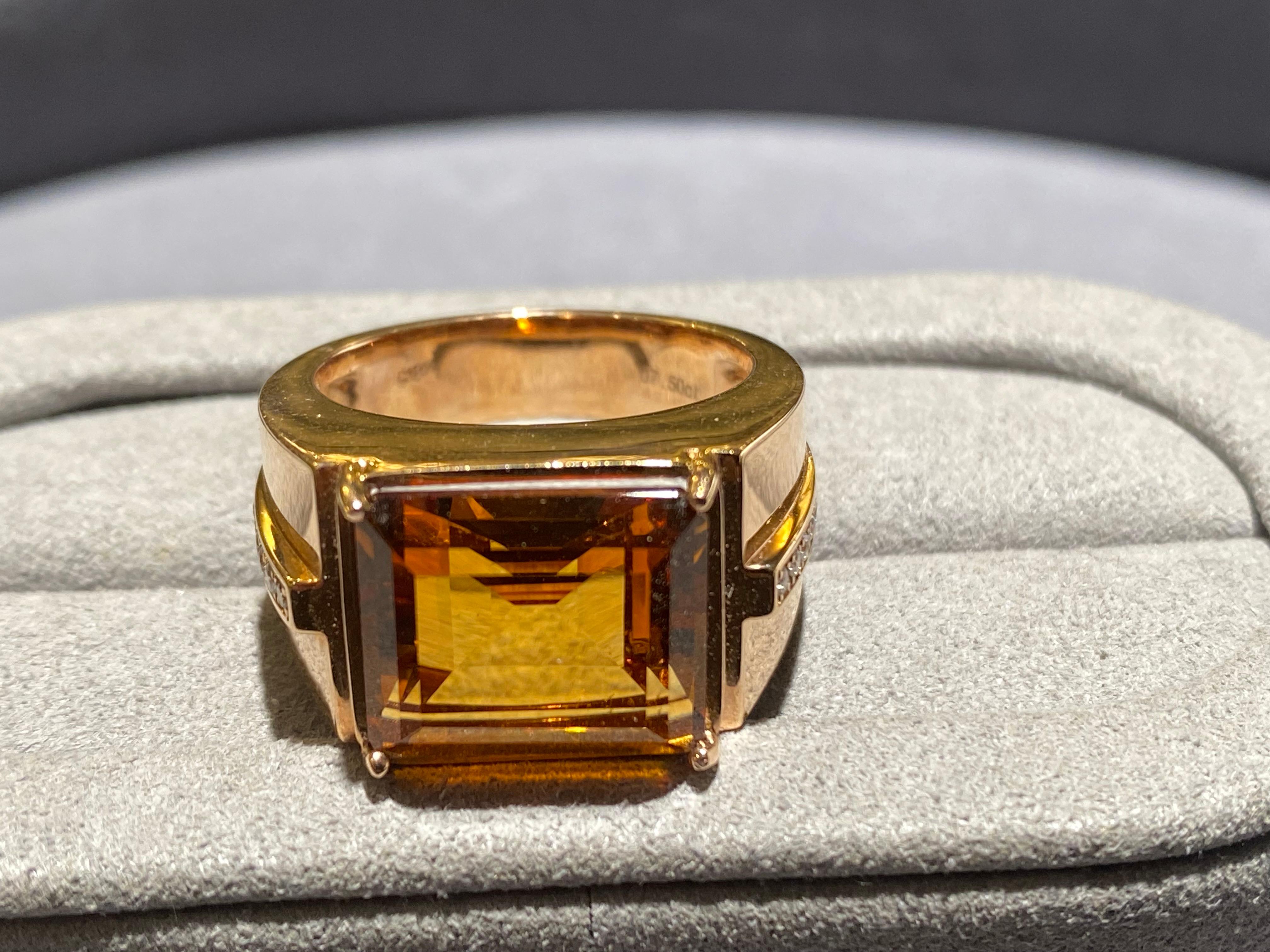 Taille carrée Bague en or rose 18k avec citrine et diamant en vente