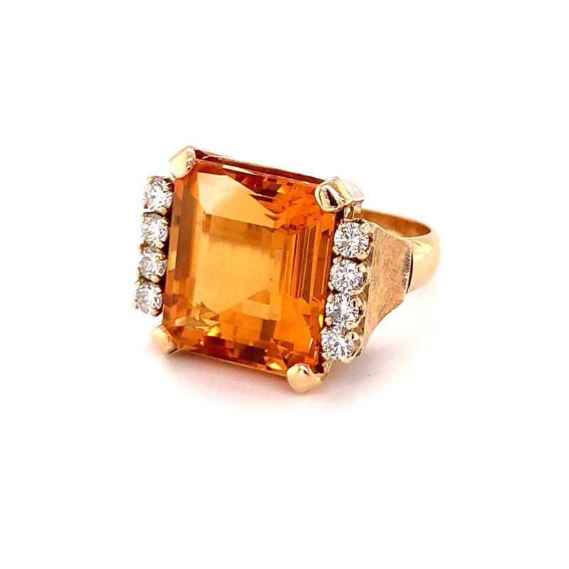 Emerald Cut Citrine and Diamond Ring in 18K Yellow Gold, circa 1960s For Sale