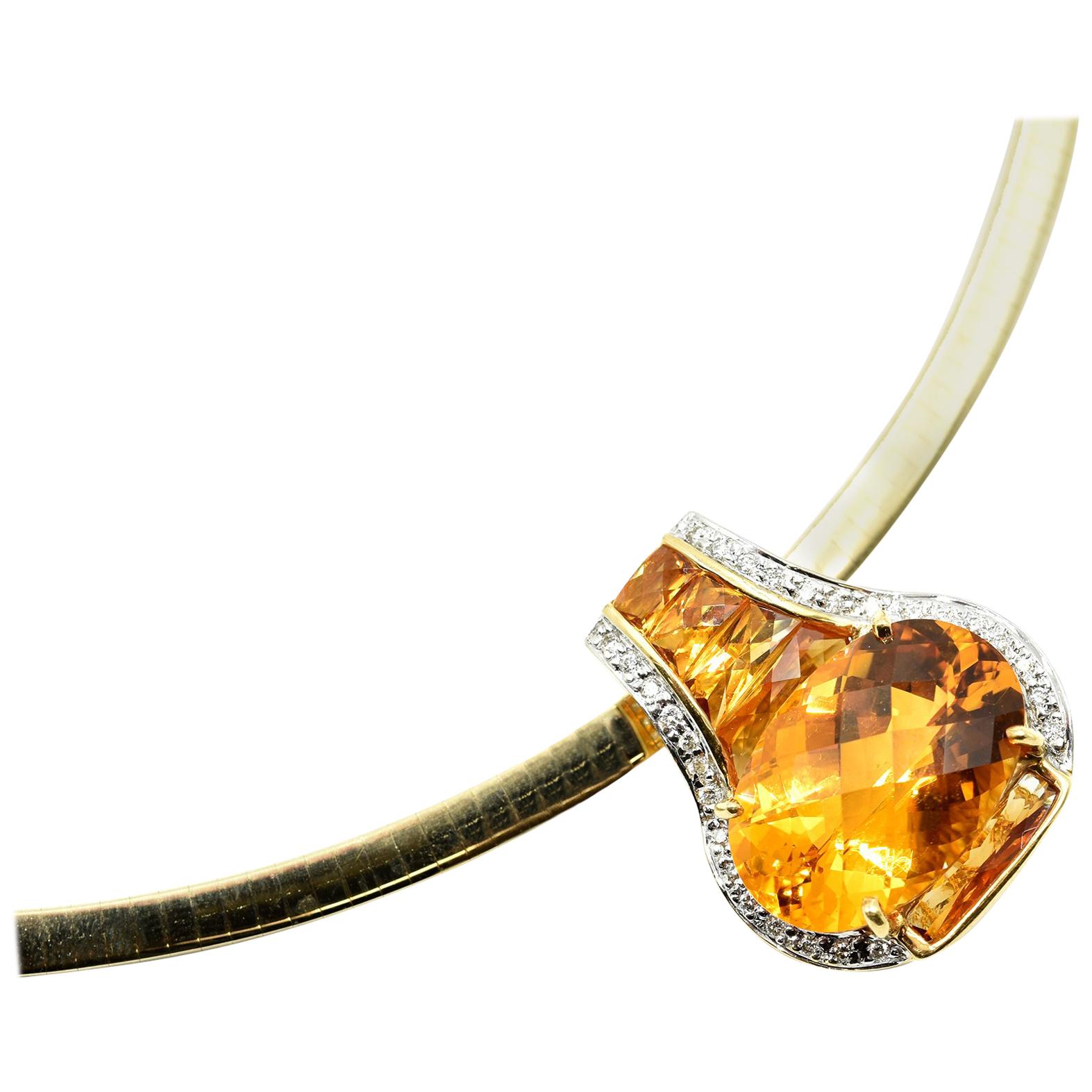 Citrine and Diamond Slide Pendant on Omega Necklace 14 Karat Yellow Gold