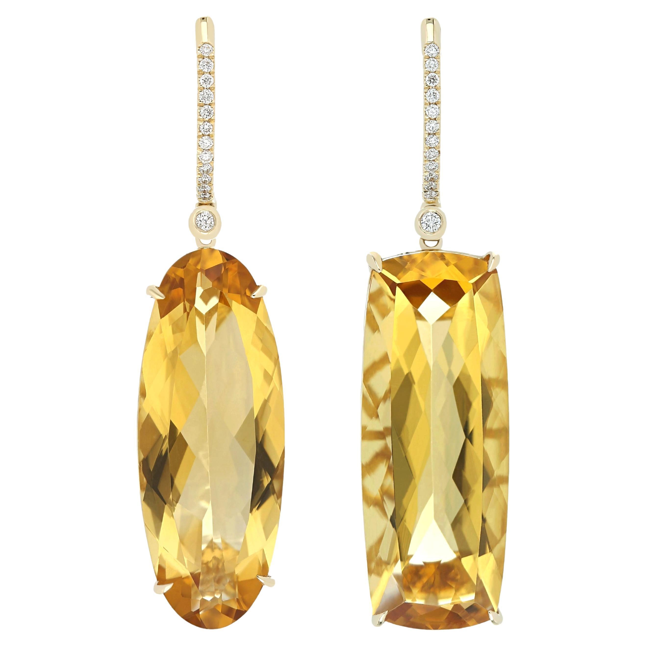 Citrine and Diamond Studded Mismatched "Chic" Earring in 14 Karat Yellow Gold For Sale