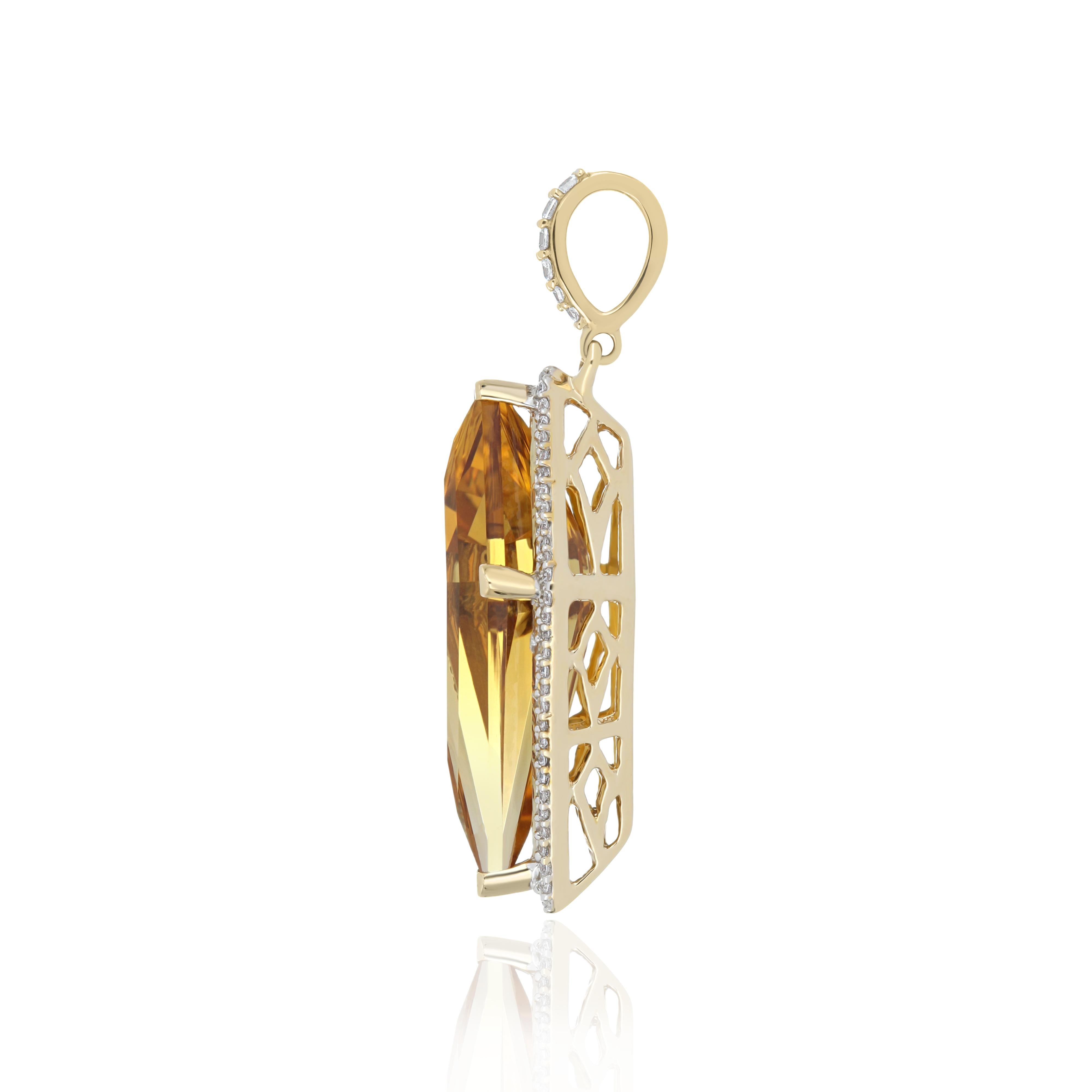 Elegant and Exquisitely detailed cocktail Pendant , Centre Set with vibrant Fancy Kite Shaped Citrine Weighing approx. 7.80 Cts accented with halo of Micro Pave Set Diamonds weighing approx. 0.21 Cts, Beautifully Hand Crafted in 14 Karat Yellow