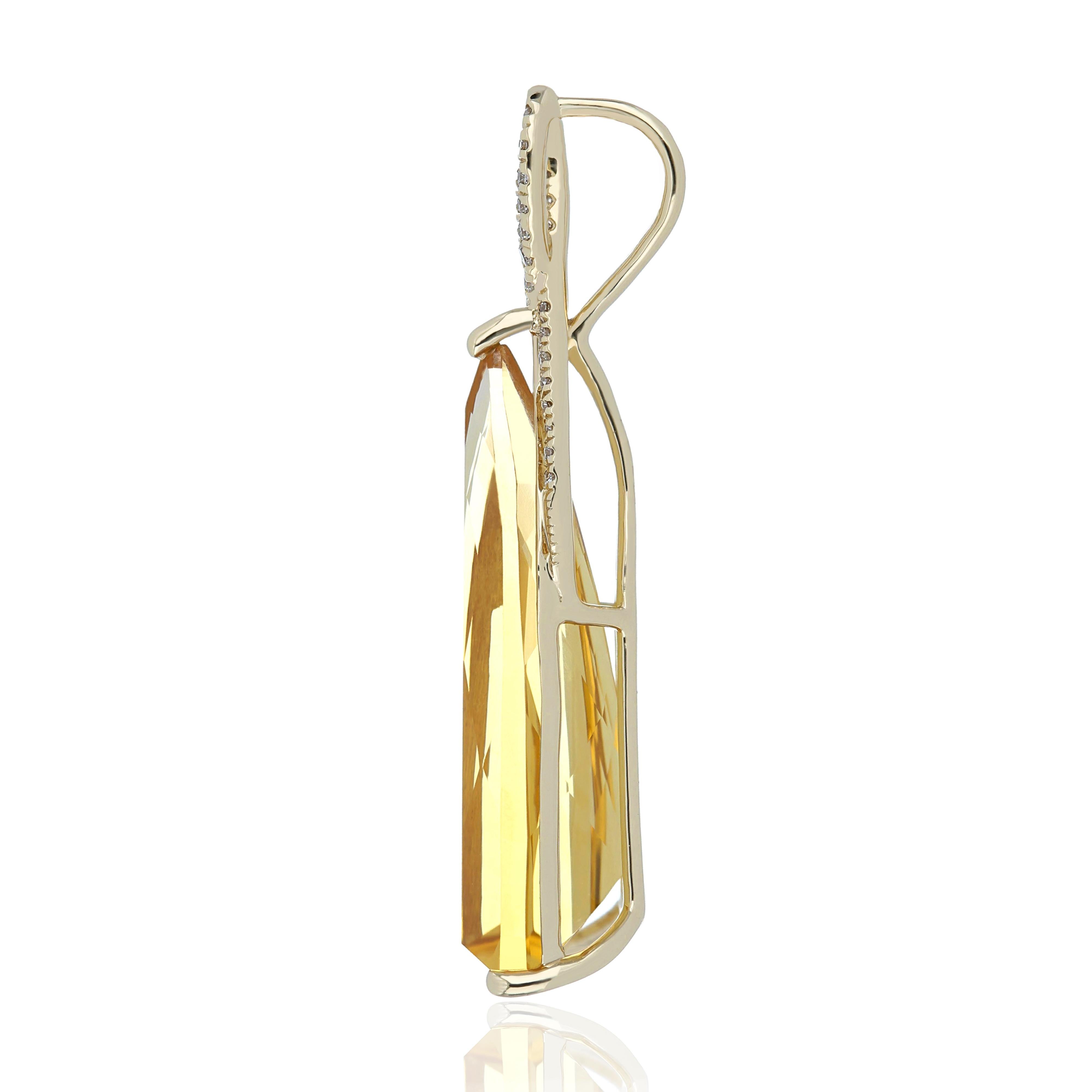 Trillion Cut Citrine and Diamond Studded Pendant in 14 Karat Yellow Gold For Sale