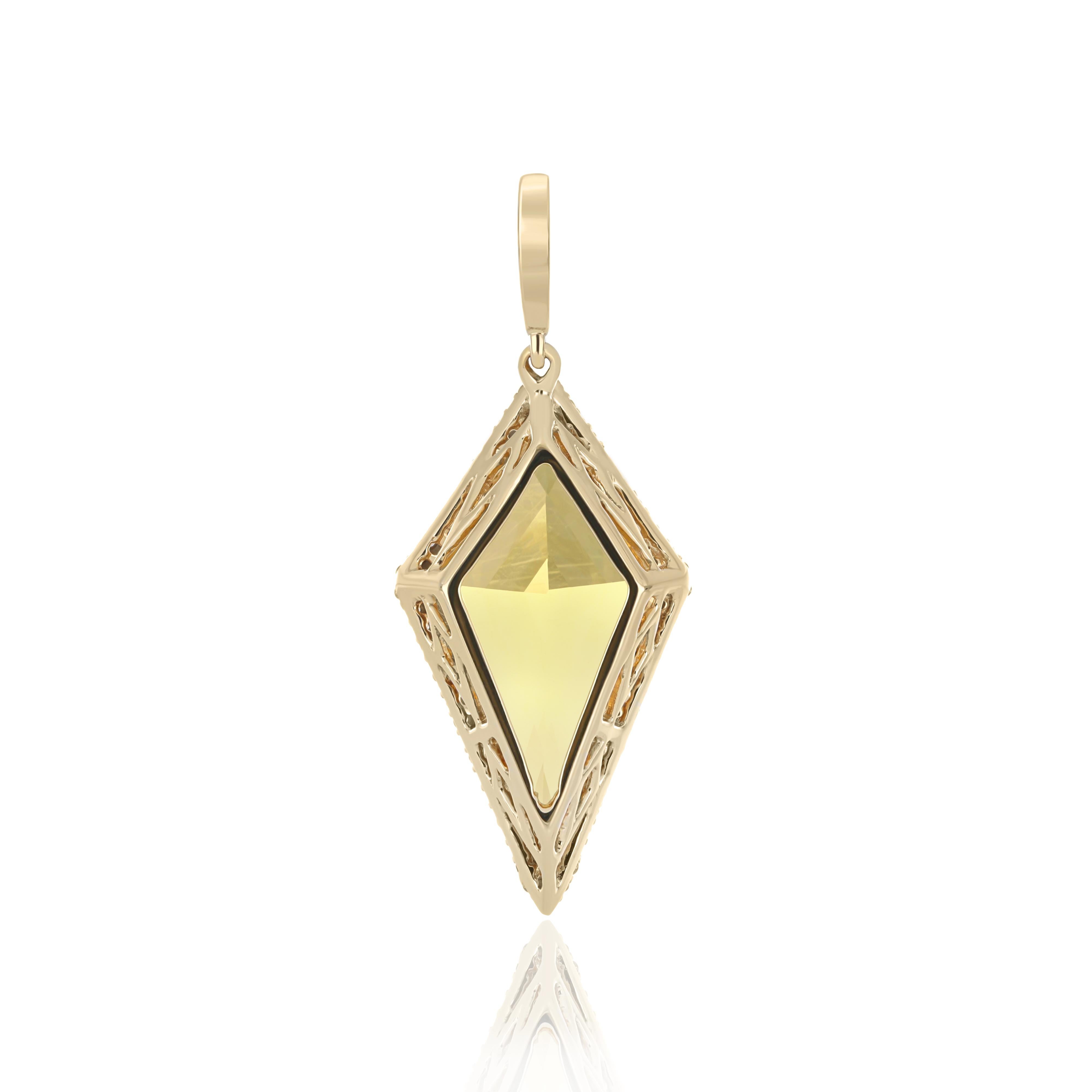 Kite Cut Citrine and Diamond Studded Pendant in 14 Karat Yellow Gold For Sale