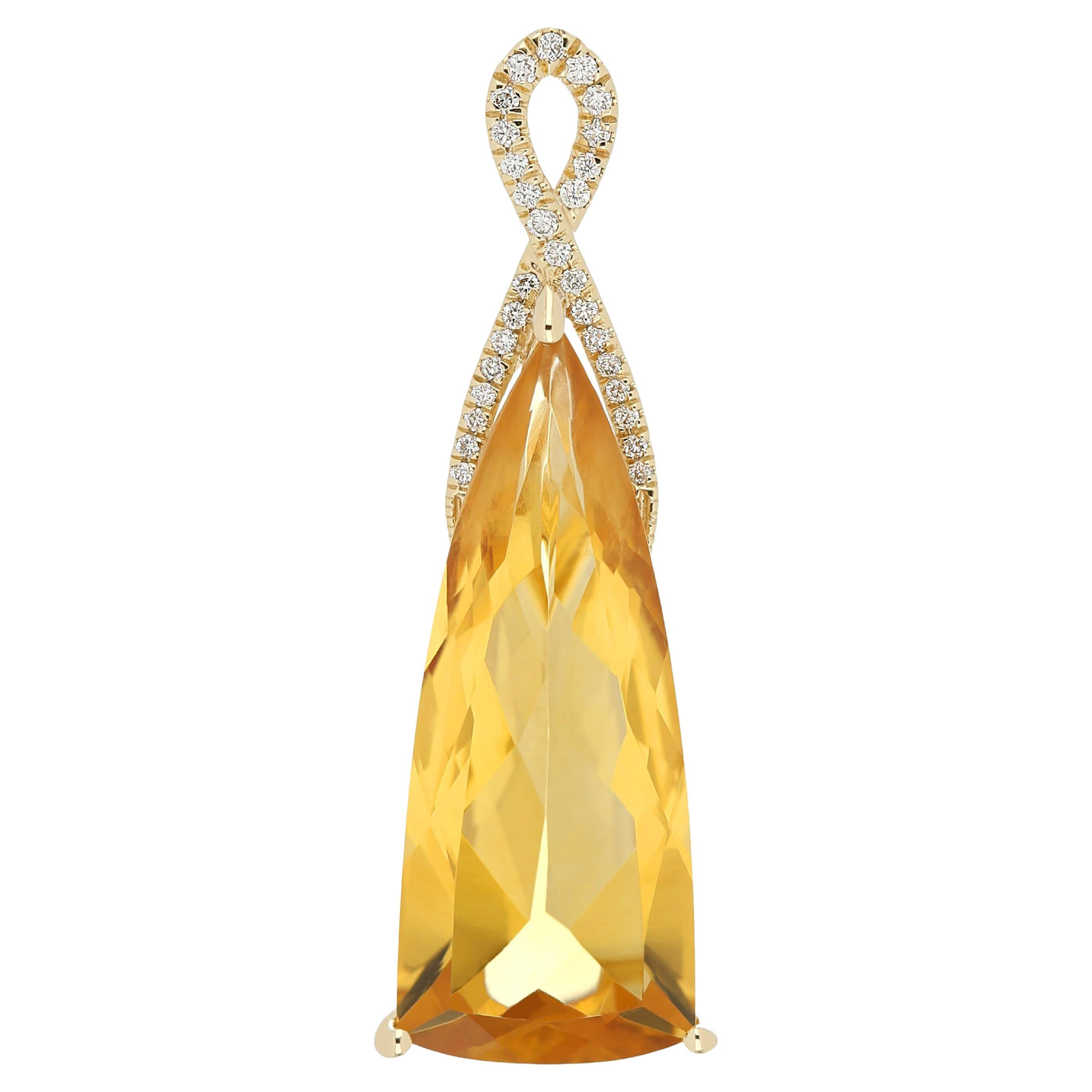 Citrine and Diamond Studded Pendant in 14 Karat Yellow Gold For Sale