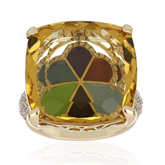 Citrine and Diamond Studded Ring in 14 Karat Yellow Gold