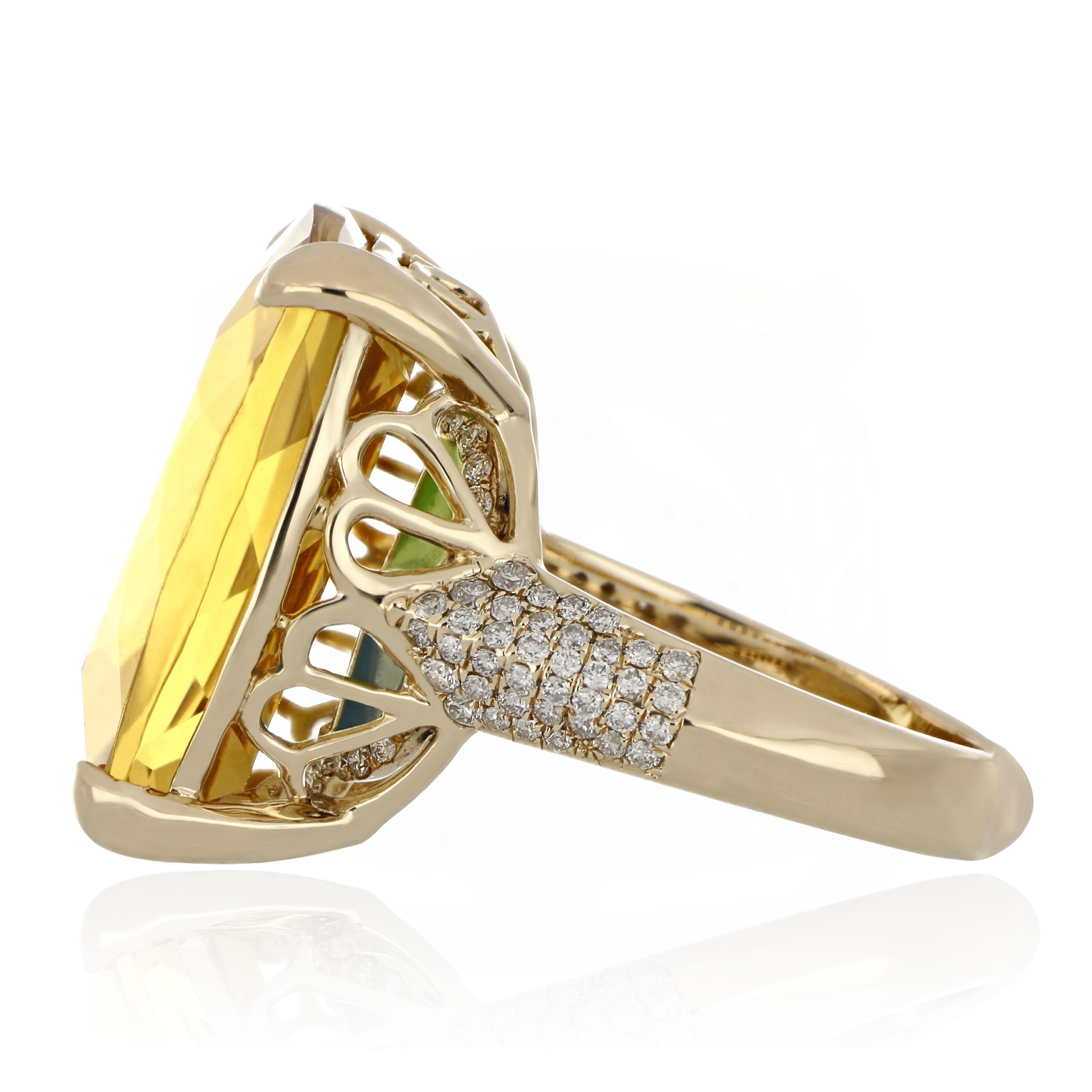 Contemporary Citrine and Diamond Studded Ring in 14 Karat Yellow Gold For Sale
